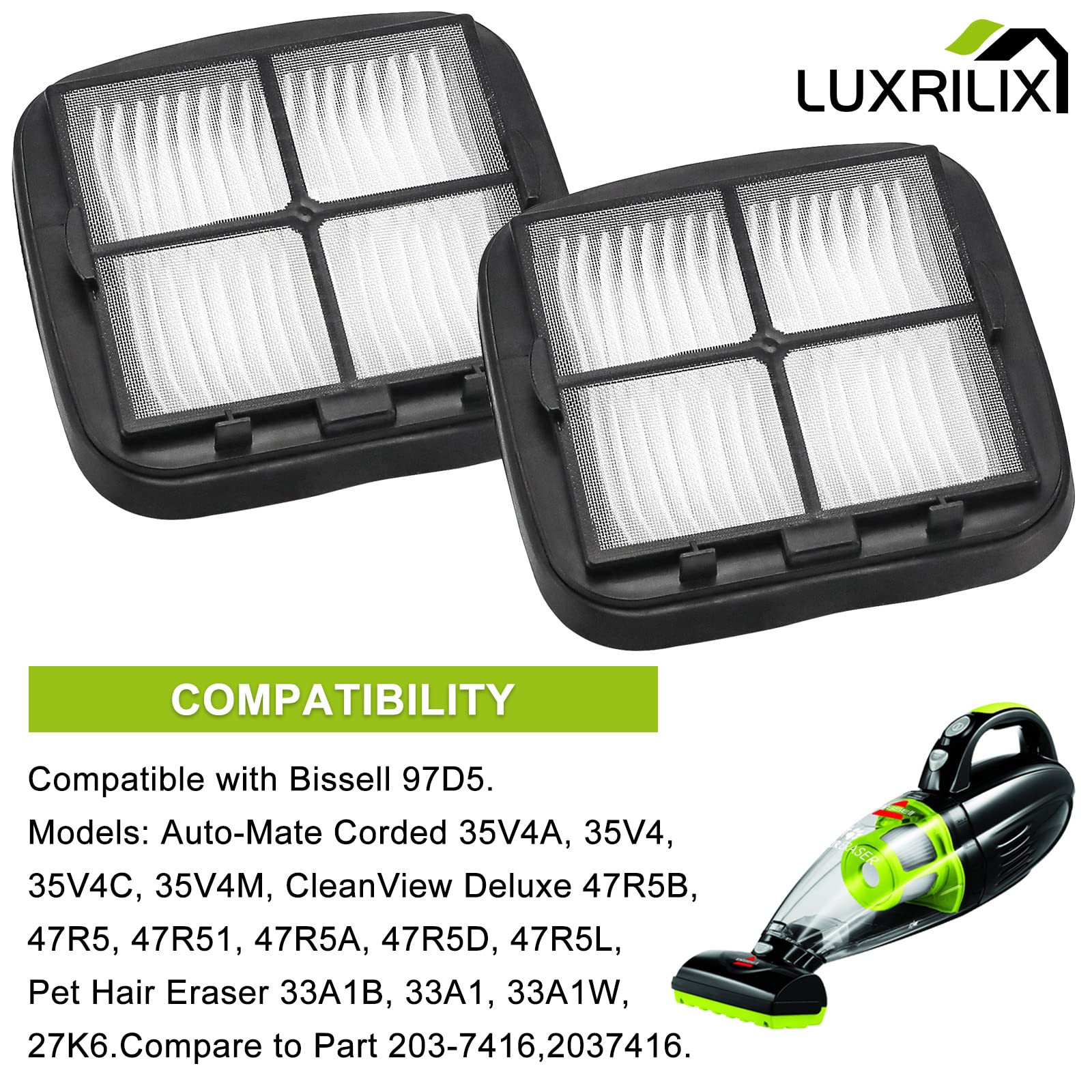 97D5 Filter Replacement For Bissell Pet Eraser Corded Hand Vac 33A1B 33A1 33A1W 27K6 Replace # 203 7416 B004152Mh4 2031432 (2 Pa