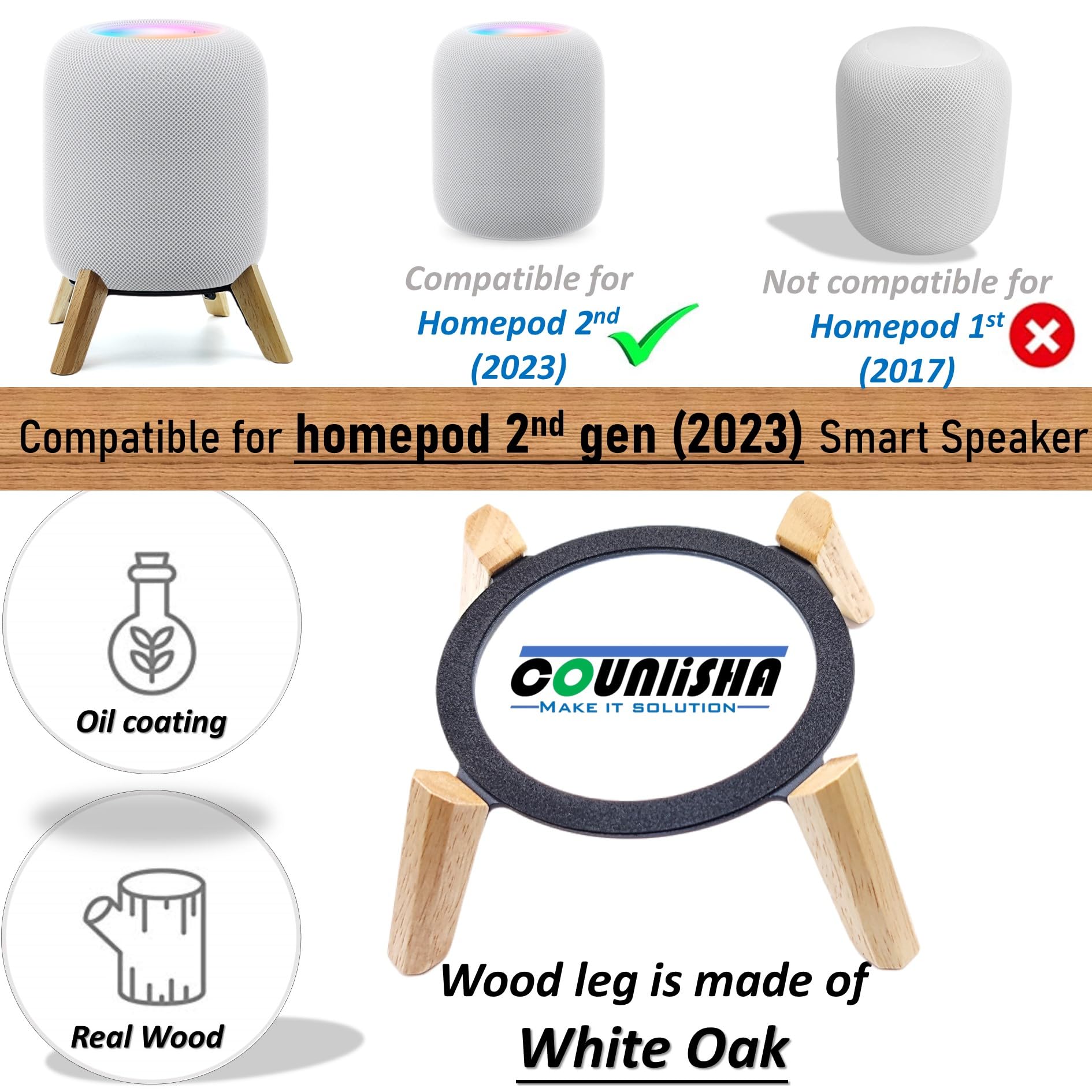 Real Wood Stand For Homepod 2Nd Gen (2023), Sturdy Stable Wooden Holder With Metal Frame Protect Home Pod 2 Speaker For Sound (White Oak)