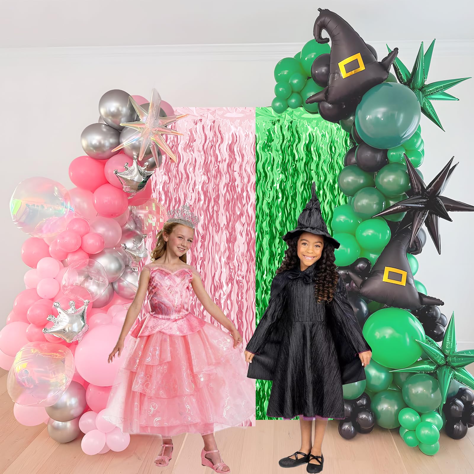 Pink And Green Wavy Tinsel Foil Fringe Curtains Photo Booth Backdrop For Green Pink Theme Birthday Party Witch Decorations(2 Pac