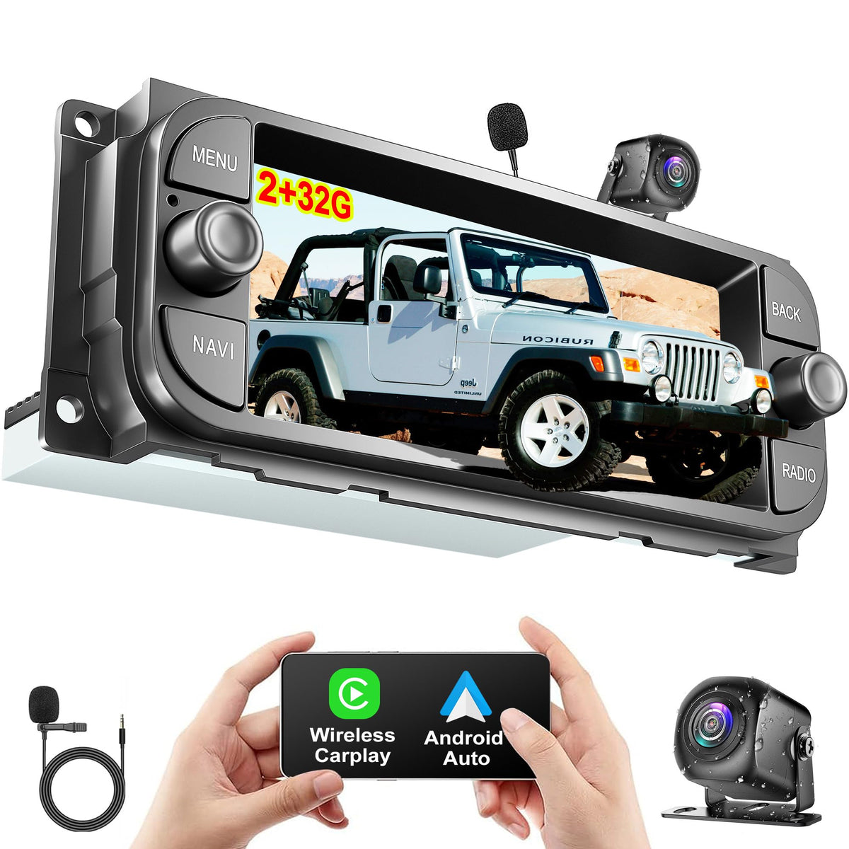 2+32G Car Radio For Chrysler Dodge Jeep Wrangler Grand Cherokee, 6.2 Inch Car Stereo Built In Apple Carplay Android Auto,Gps Nav