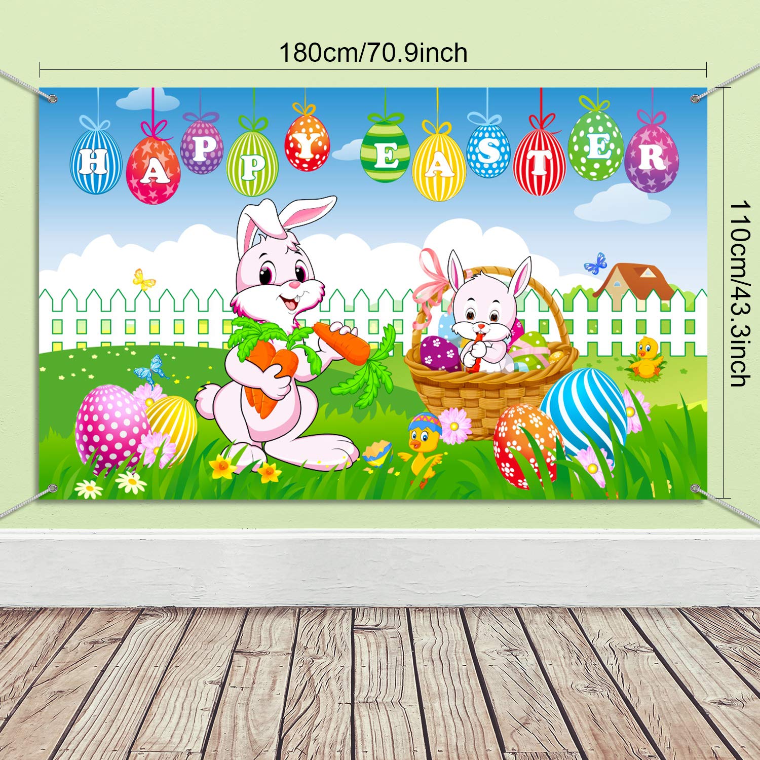 Happy Easter Party Backdrop Banner, Spring Easter Rabbit Colorful Eggs And Chick Sign Green Grass Yard Photo Background Bunny Ph