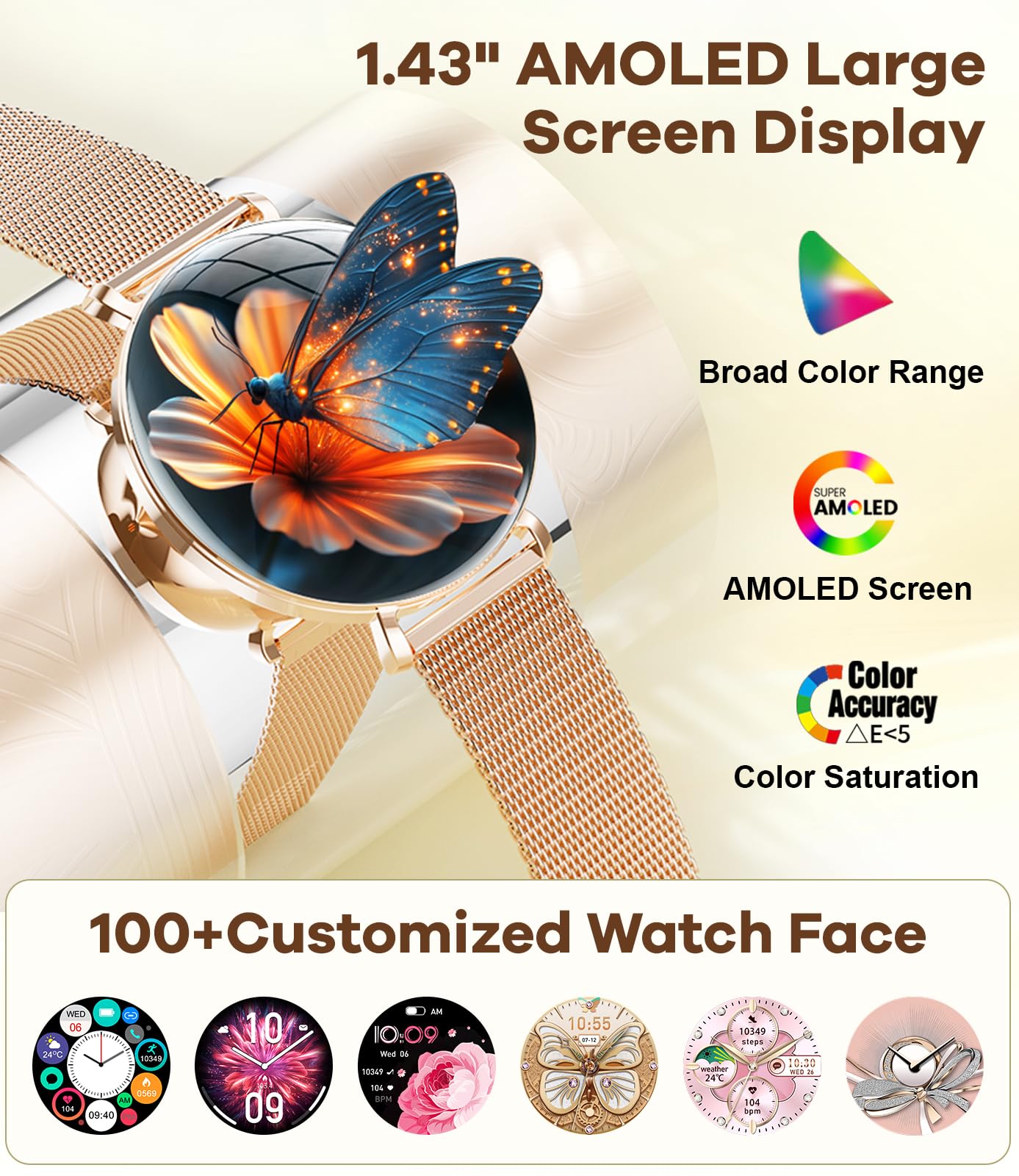Smart Watches For Women With Calls/Answer: 1.43 '' Amoled Touchscreen Smart Watch For Android Phone Iphone Compatible, Fitness W