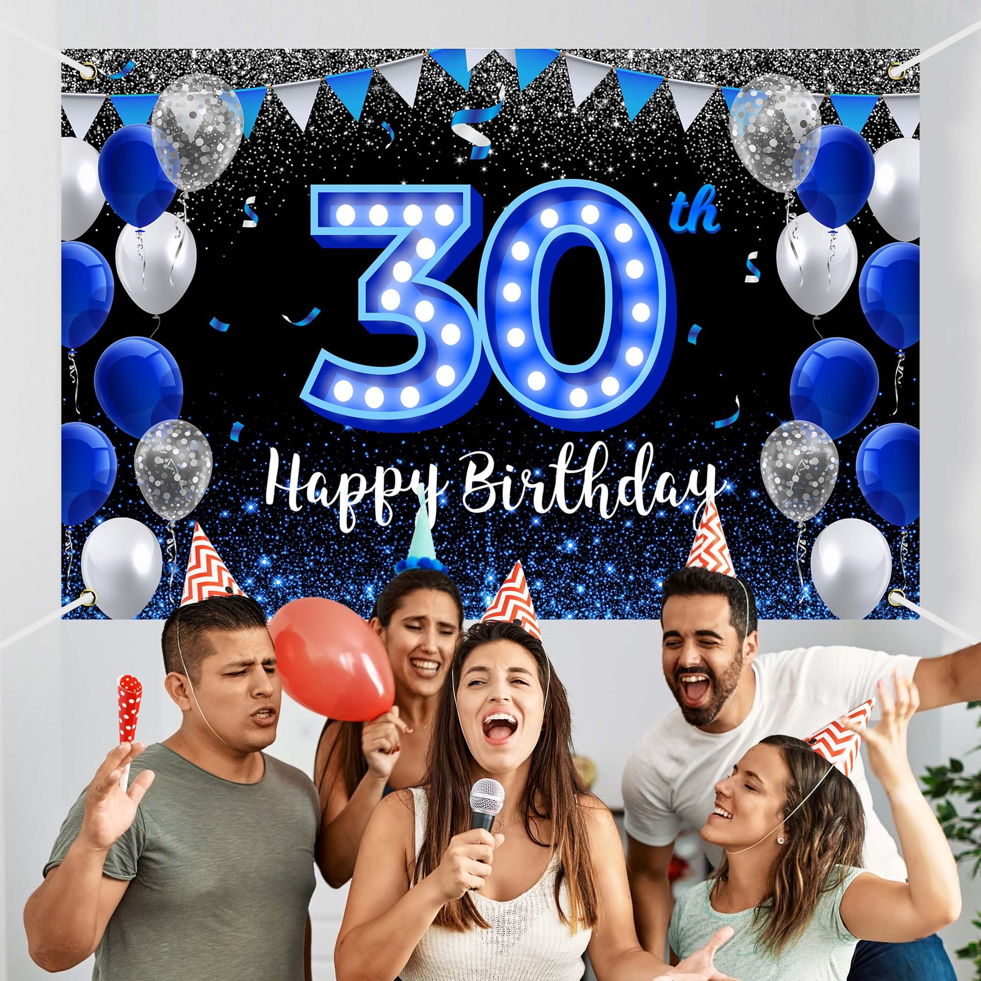 Happy 30Th Birthday Backdrop Banner Blue Black Theme Background With Blue Neon Light Shiny Fashion Birthday Party Photo Photogra