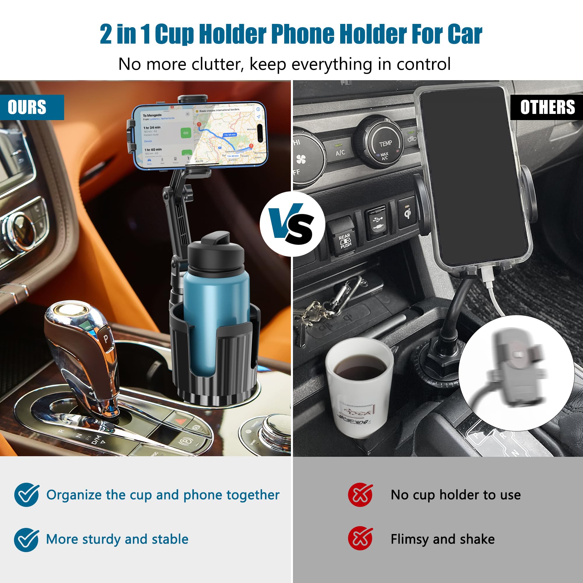 Cup Holder Phone Mount For Car, Car Cup Holder Phone Holder With Expandable Base, 2 In 1 Cup Phone Holder Adapter For Car, 360 D