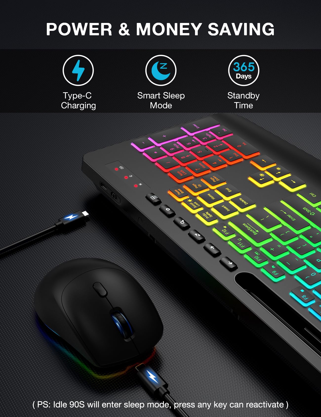 Wireless Keyboard And Mouse Combo, 9 Backlit Effects, Wrist Rest, Phone Holder, 2.4G Lag Free Ergonomic Keyboards, Rechargeable