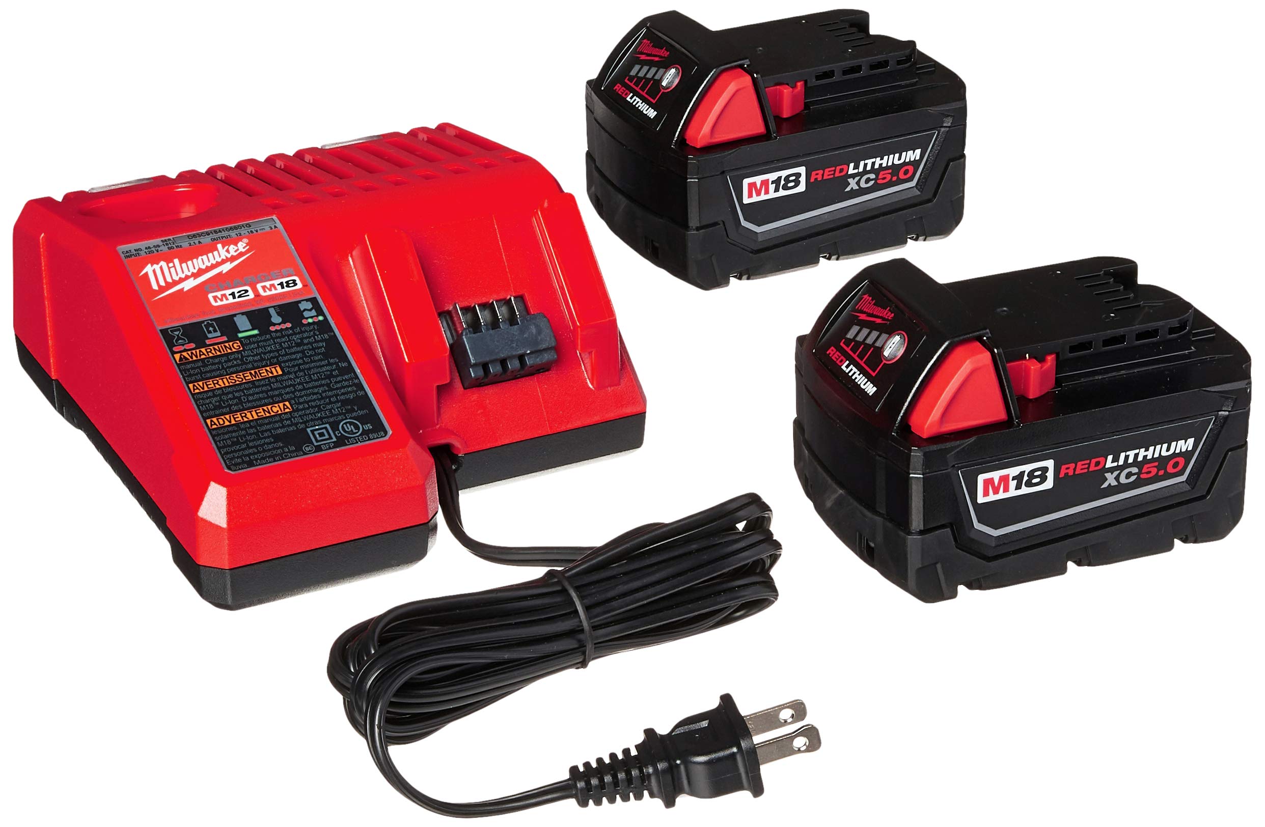 Milwaukee 48 59 1850 M18 Red Lithium Xc 5.0 Ah Batteries (2) + 48 59 1812 M12 And M18 Multi Voltage Charger Kit