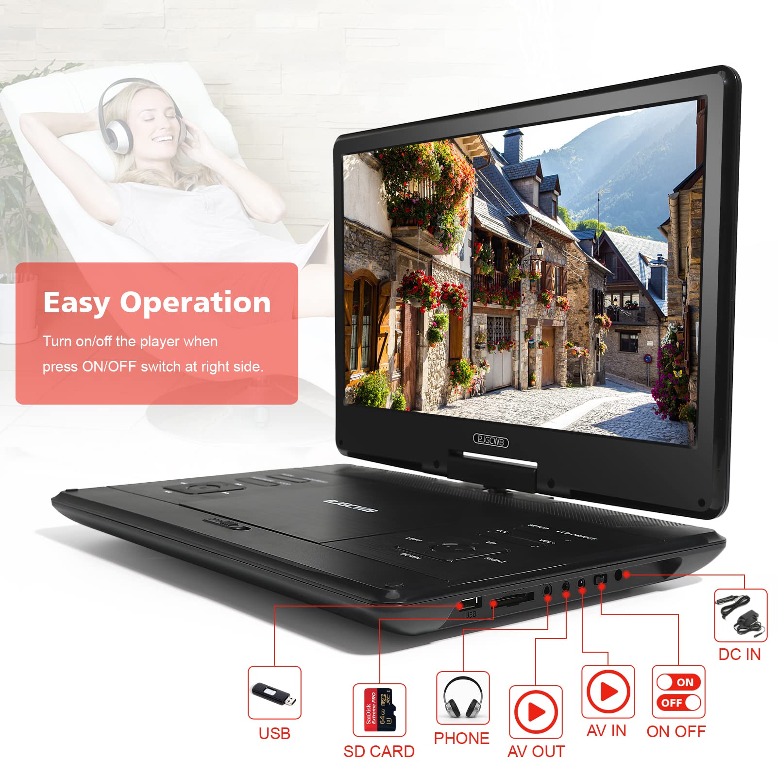 16.9'' Portable Dvd Player With 14.1'' Large Hd Screen,High Volume Speaker,With Extra Carrying Bag,Supports 4 6 Hours Built In B