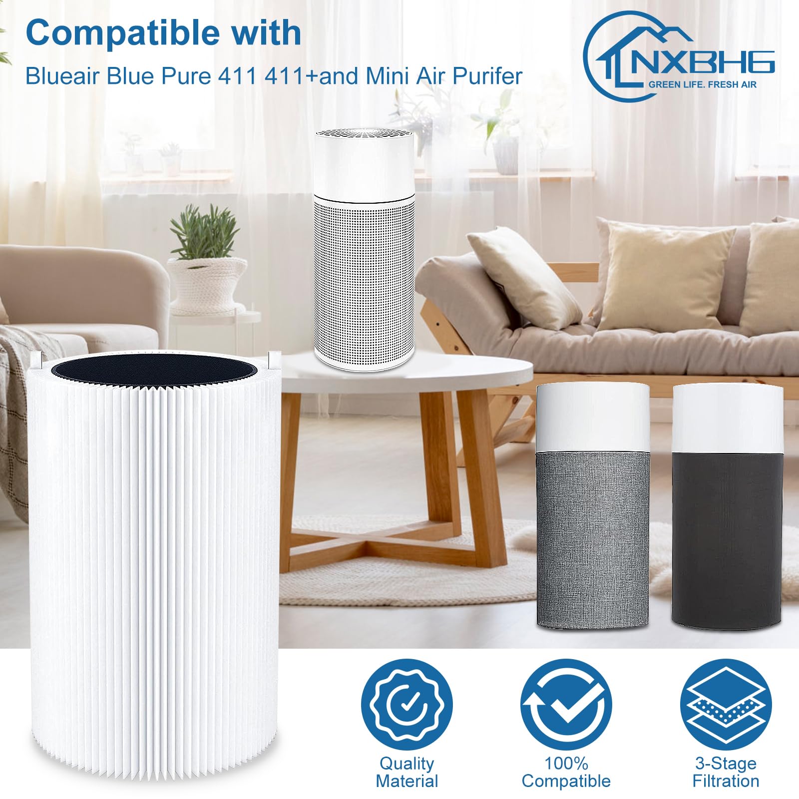 Nxbhg Blue Air Filter Replacement 411 Compatible With Blueair Blue Pure 411 Genuine, Blue Pure 411+,411 Auto & Mini, 3 Pack Hepa