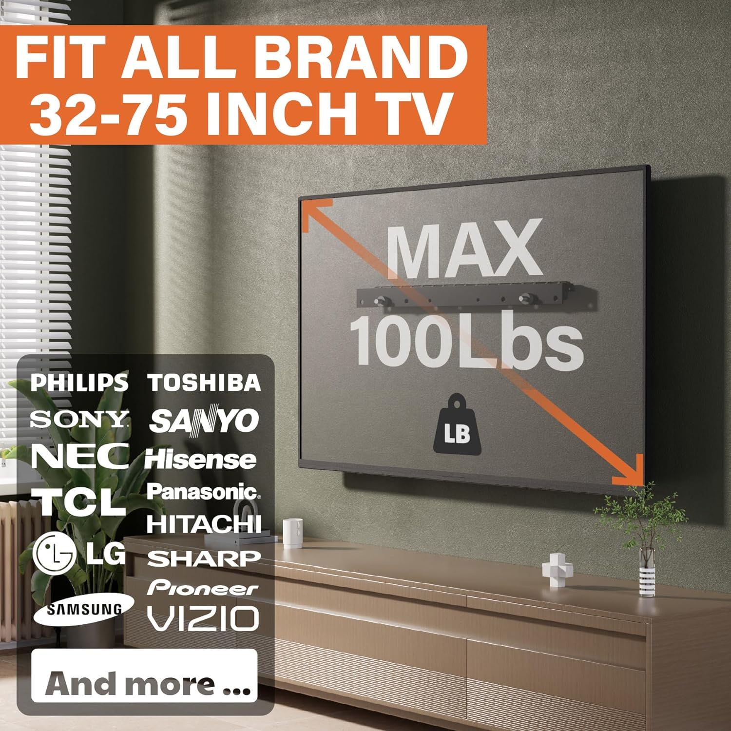 Fulifix 2 Pack Studless Tv Wall Mount For 32 75 Inch Tvs, No Drill Tv Hanger, Easy Setup, Slim Profile, Max Vesa 600X400 Mm, 150