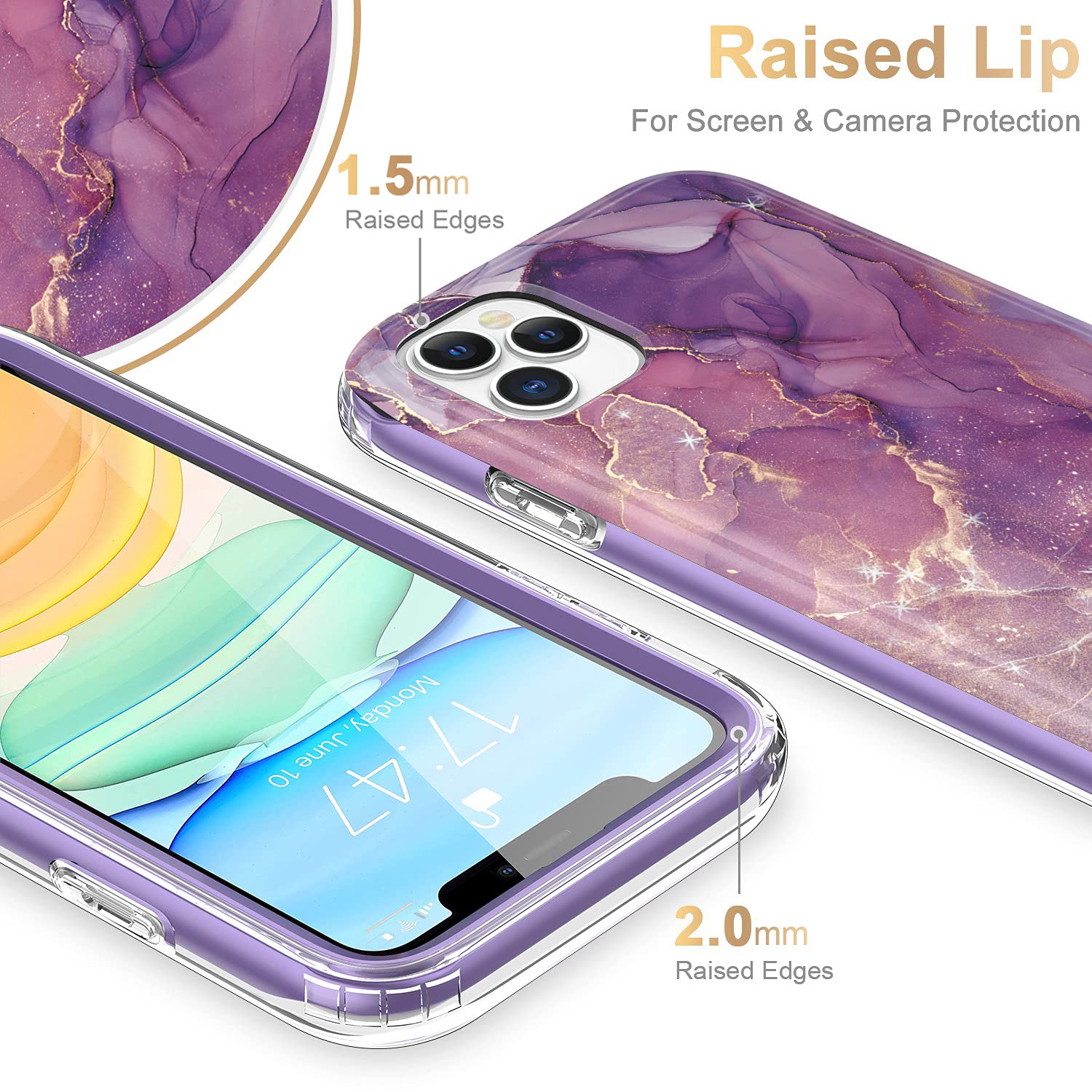 Esdot iPhone 12 Pro Max Case with Built-in Screen Protector, TPU Glitter Purple Marble 6.7 inch