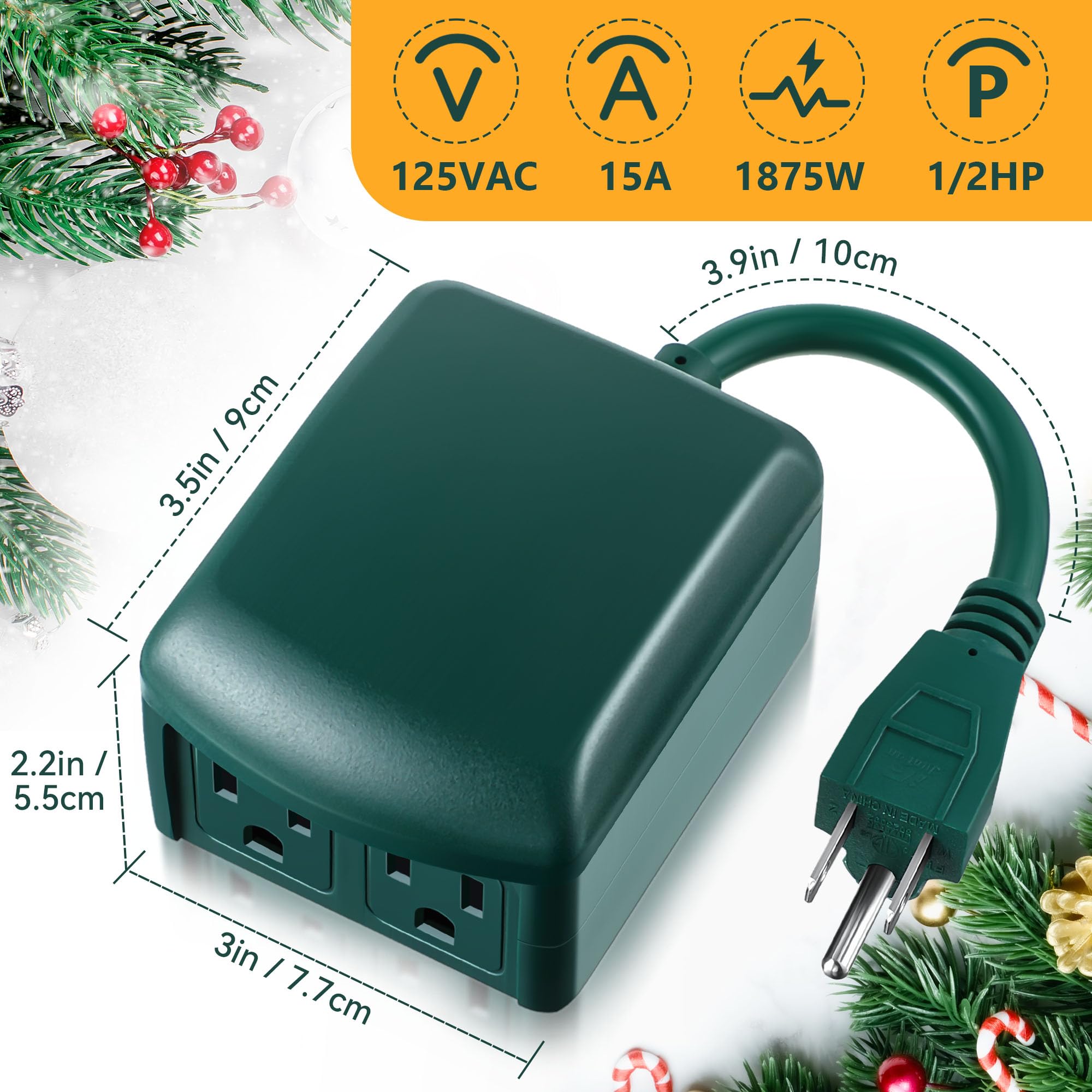 Dreyoo 24-Hour Heavy-Duty Mechanical Timer For Christmas - 2 Grounded Outlets For Xmas Decor, Waterproof, Green (2 Pcs) With 15-