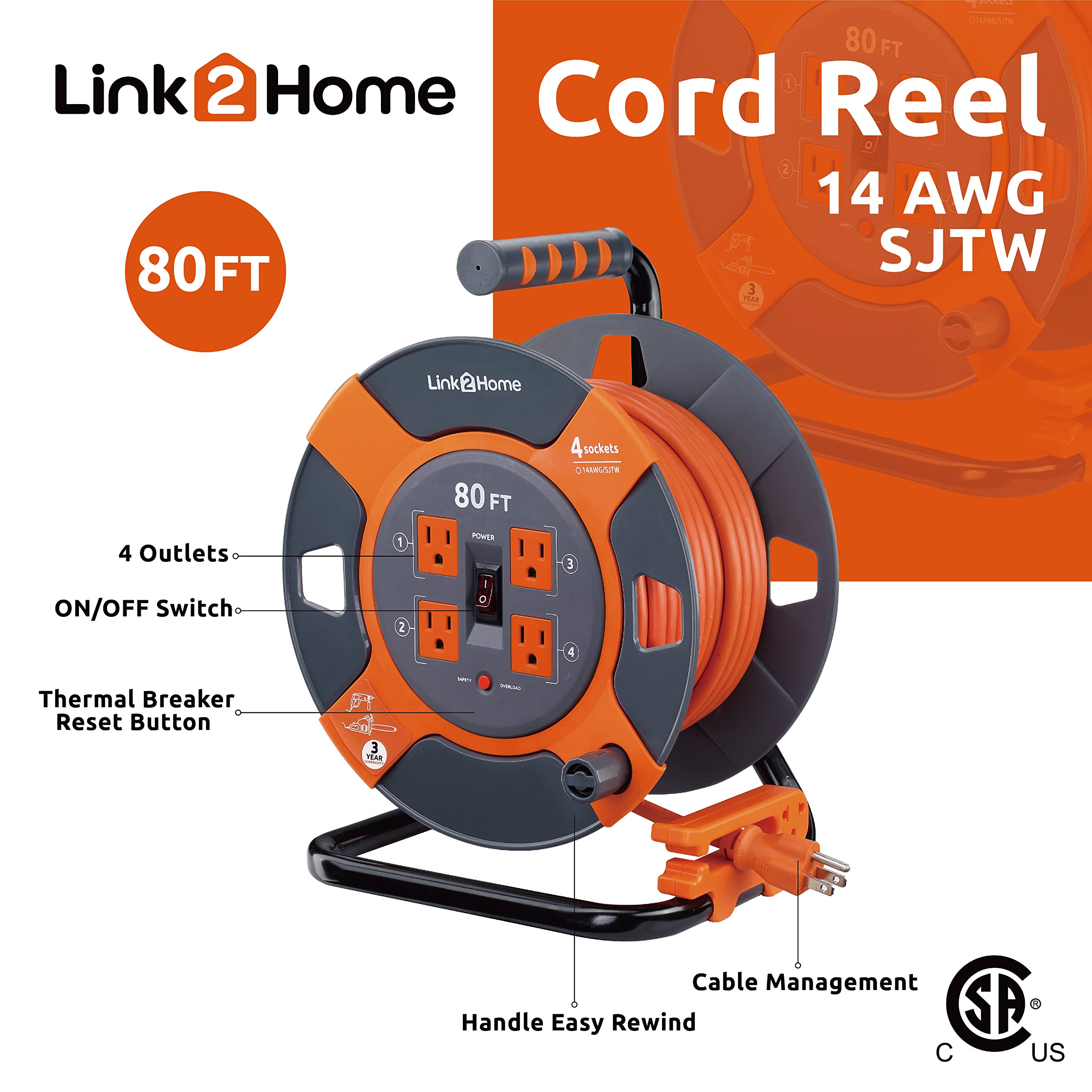 Link2Home Cord Reel 80 Ft. Extension Cord 4 Power Outlets   14 Awg Sjtw Cable. Heavy Duty High Visibility Power Cord.