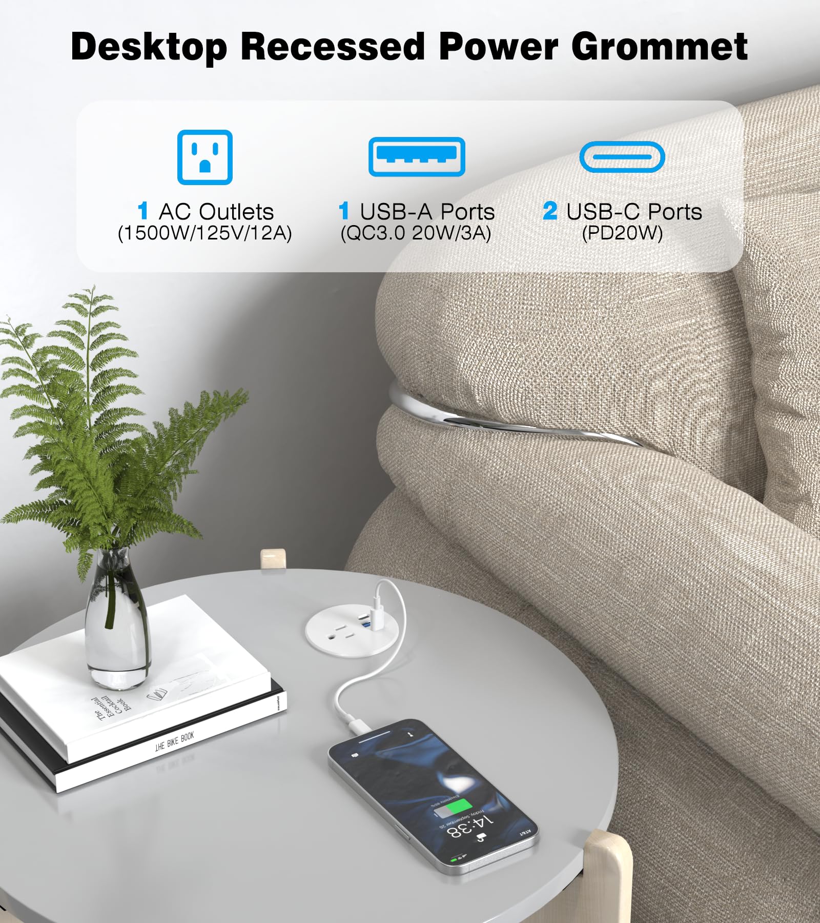 Desk Grommet Power Outlet, 2.5 Inch Desktop Recessed Outlet With 20W Fast Charging Usb-C Port, Flush Mount Outlet For Conference