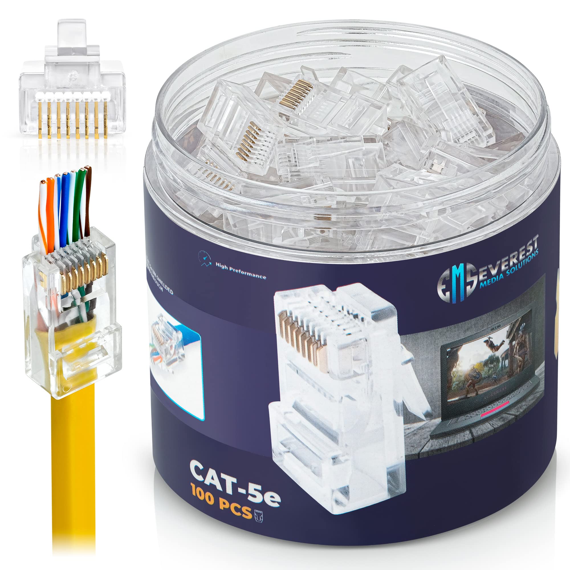Everest Cat5e RJ45 Pass Through Connector 100-Pack - EZ Cat 5e Pass Through RJ45 Connectors - Cat 5e Connectors - Ethernet Conne