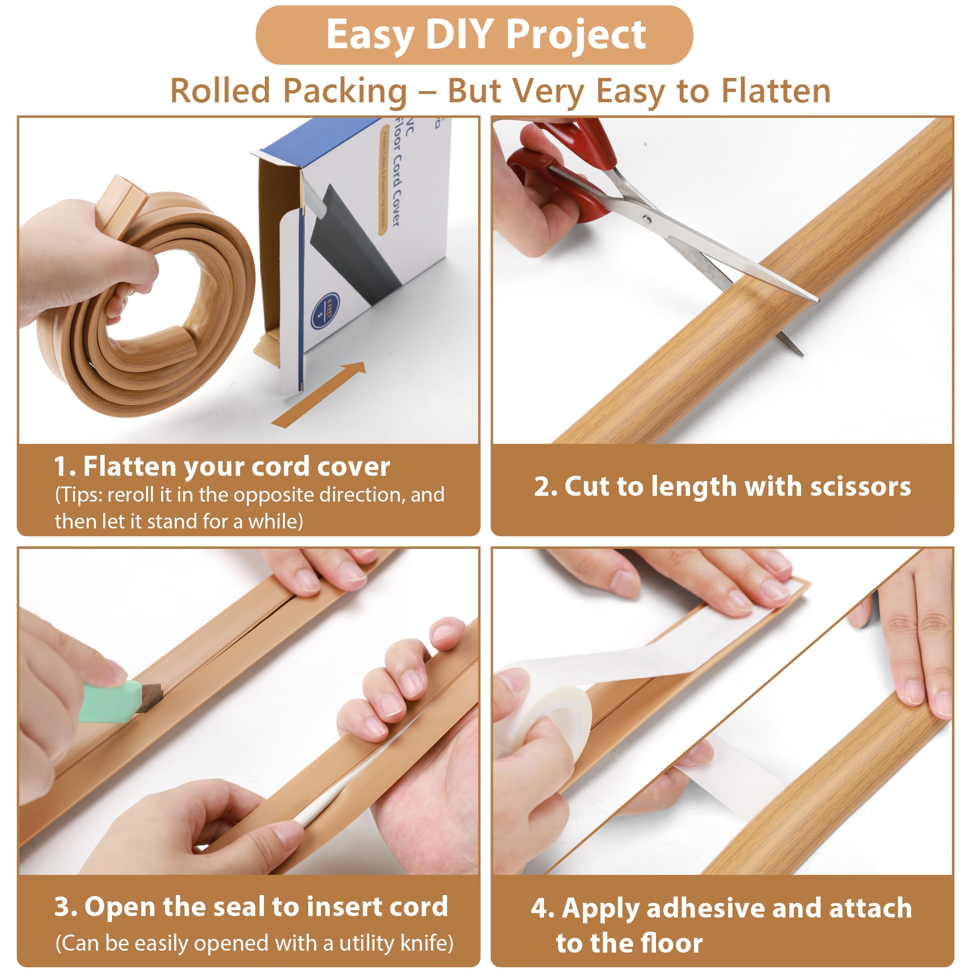 Floor Cord Cover 4Ft, Cord Hider Floor Beige Maple Wood, Floor Cable Management Prevent Cable Trips, Floor Cable Cover Wire Cove