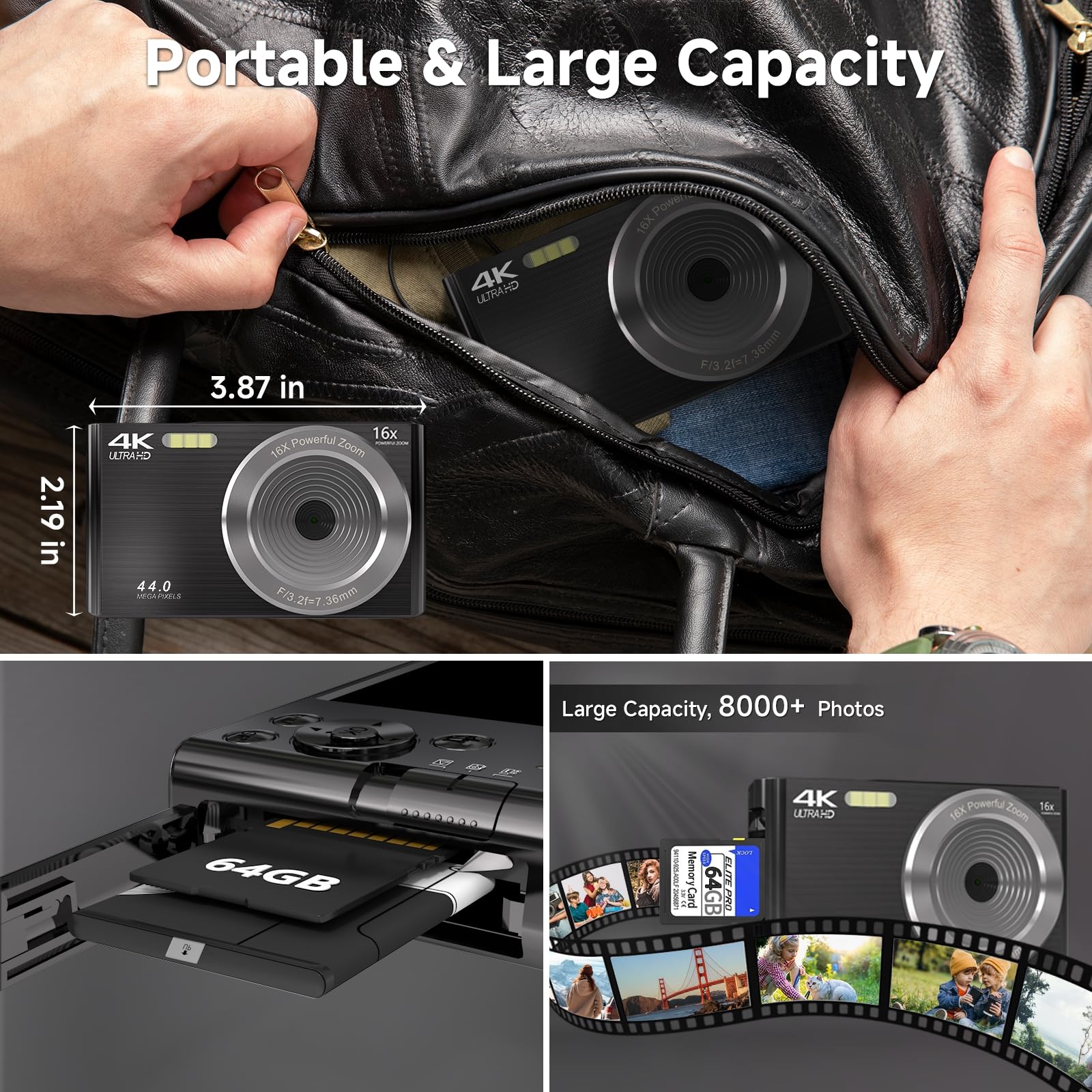 Digital Camera, Fhd 1080P 44Mp Digital Camera For Kids Video Camera With 64Gb Sd Card 16X Digital Zoom, Compact Point And Shoot