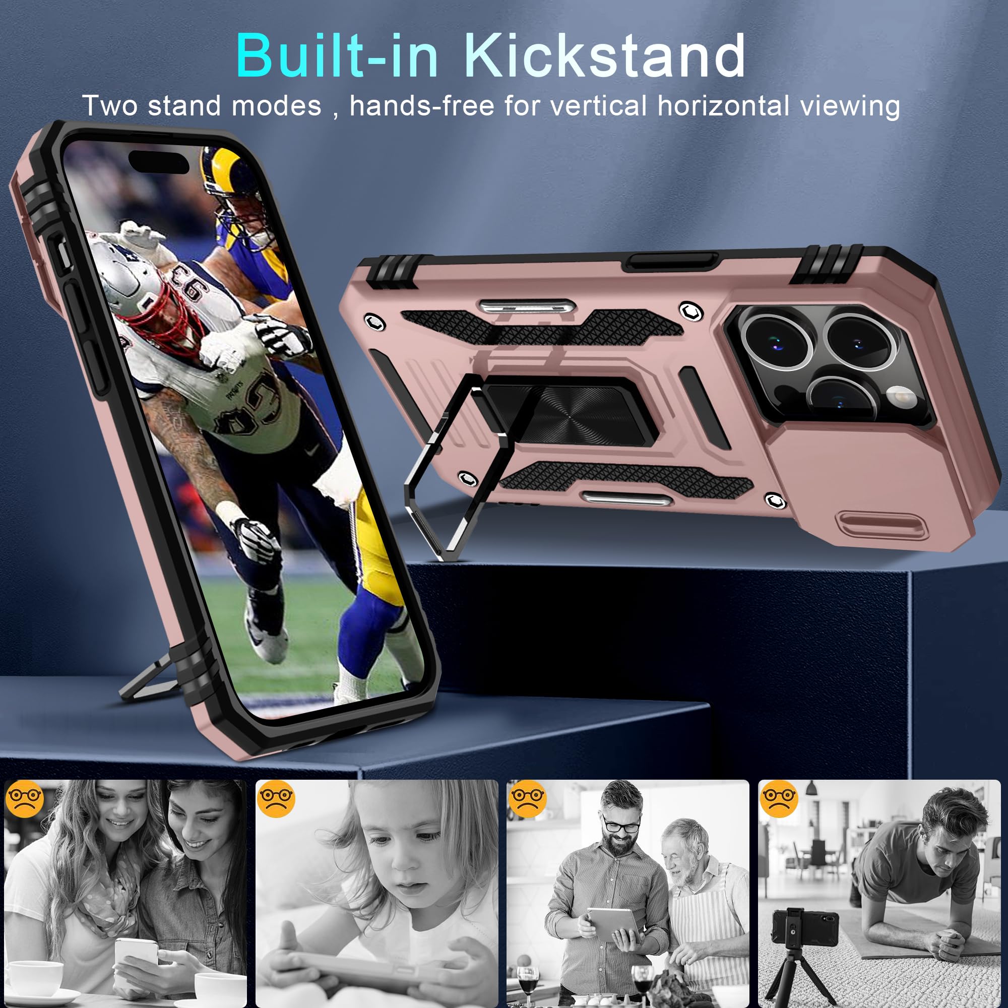 Deerlamn Case For Iphone 15 Pro Max With Slide Camera Cover+Screen Protector(1 Pack), Rotated Ring Kickstand Military Grade Shoc