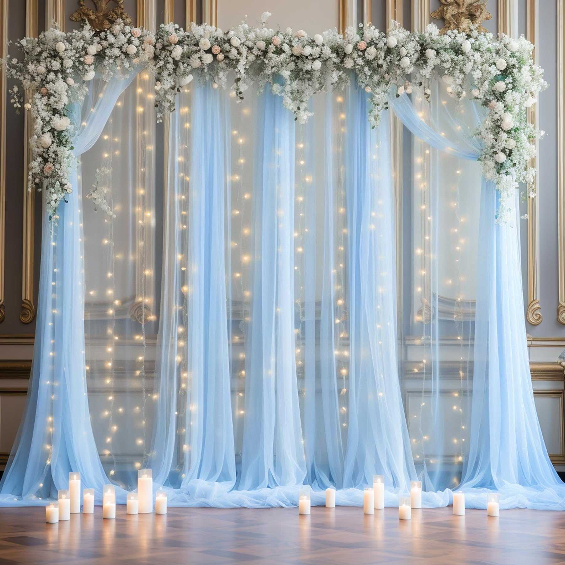 20X10Ft Baby Blue Tulle Backdrop Curtain With Lights String For Parites, Sheer Photo Backdrop Curtains With Lights For Wedding B