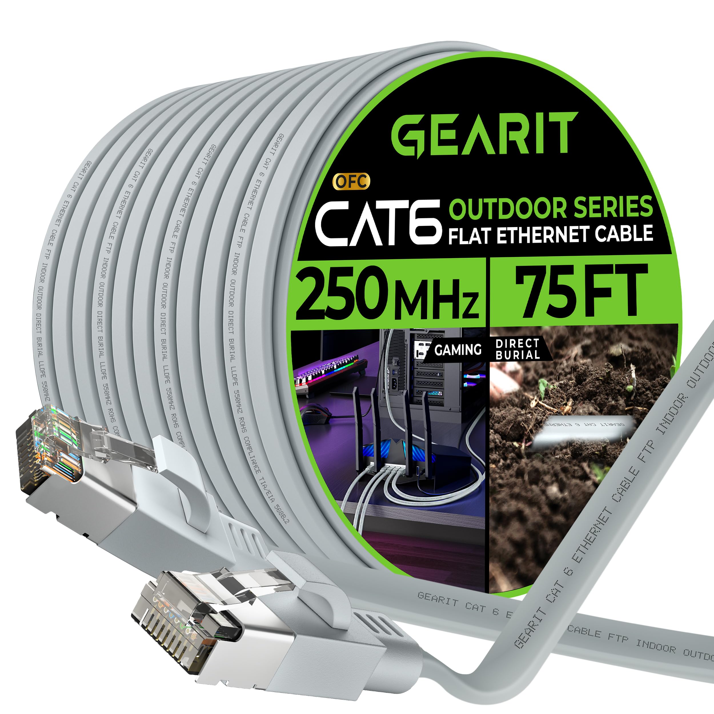 Gearit Cat 6 Outdoor Flat Ethernet Cable (75Ft, Gray) Direct Burial Rated Lldpe Jacket   Indoor Cat6 Shielded Ftp 10Gbps High Sp