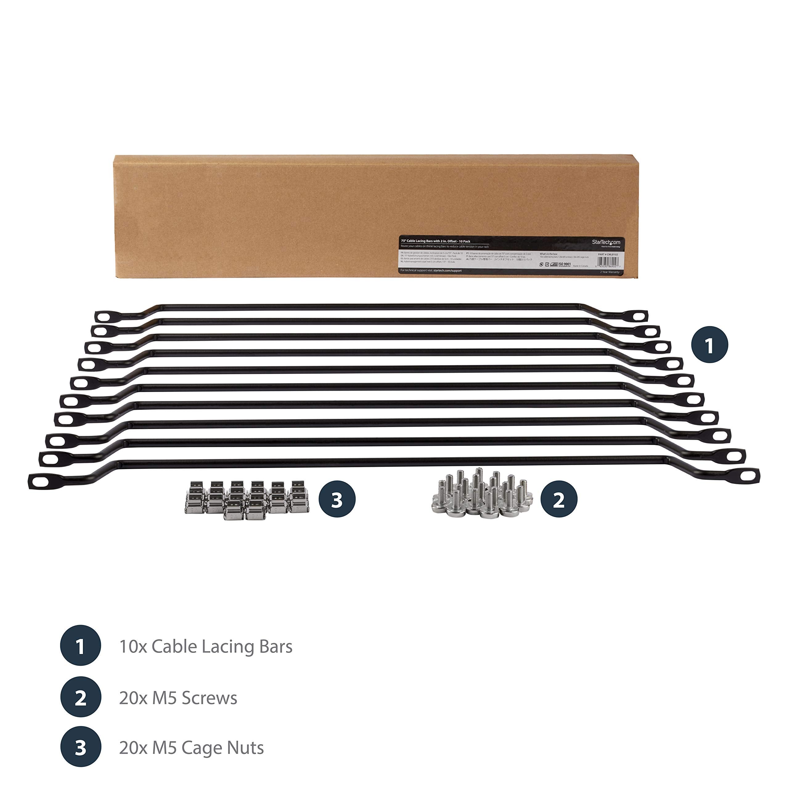 StarTech.com Horizontal Lacing Bar w/ 2 inch Offset at 75 Degrees  Server Rack Cable Management  19' Network Rack Mount Cord Organizer  10pk , TAA (CMLB102)