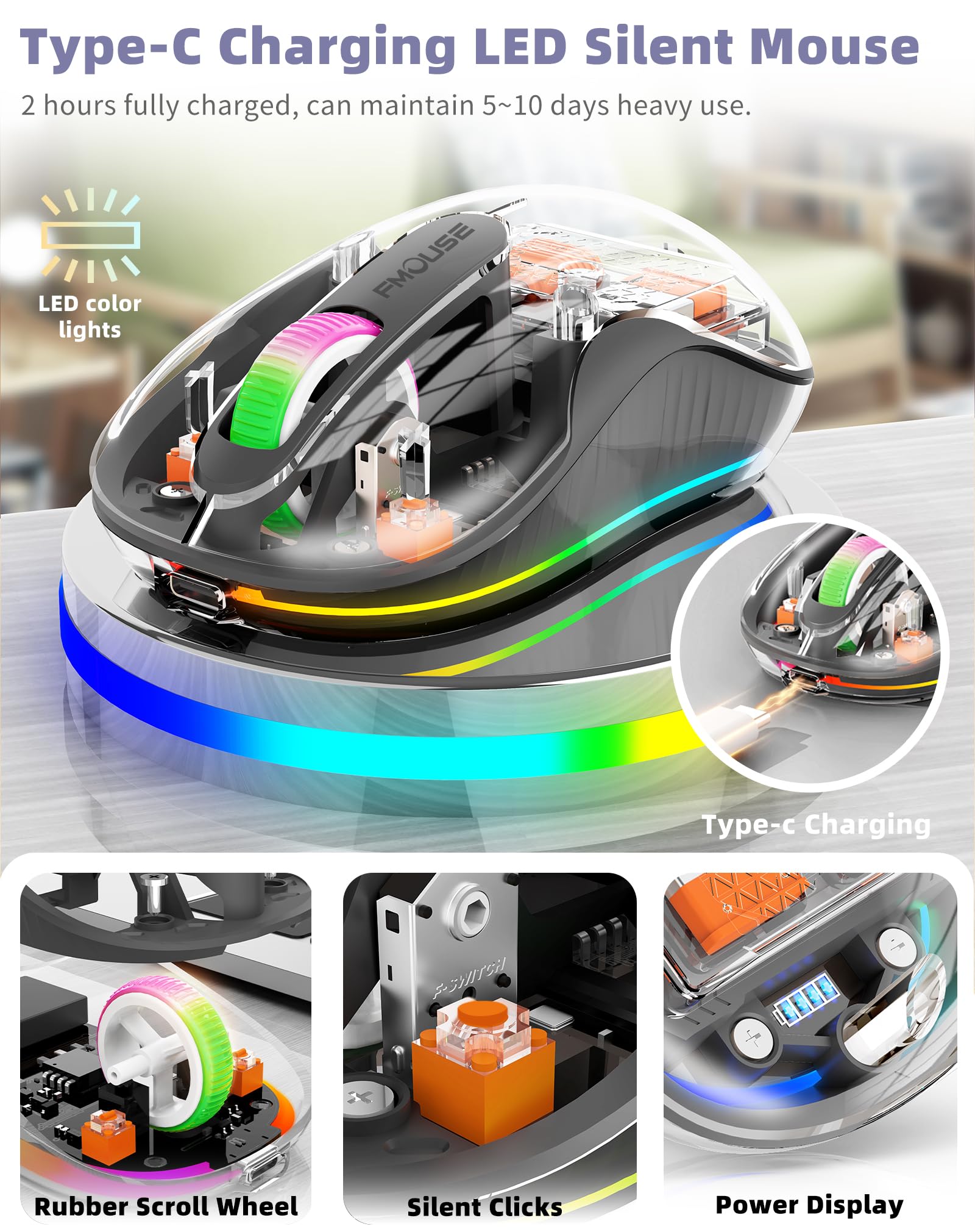 Fmouse Wireless Bluetooth Transparent Mouse, 2.4Ghz With Usb & Type C Two Receiver Compatible With Mac/Ipad, 2400 Dpi, Portable