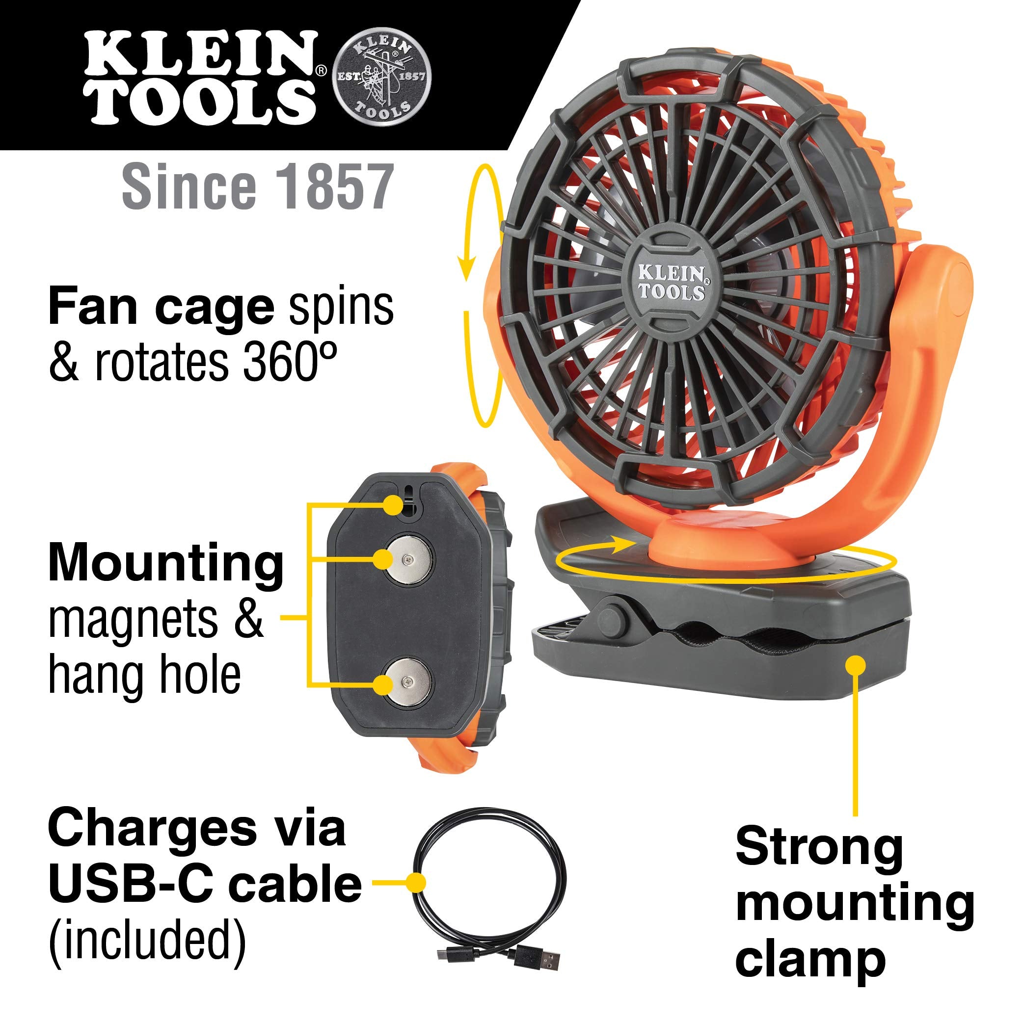 Klein Tools Pjsfm1 Cordless Rechargeable Fan With Usb C Charging Cord And Multiple Mounting Options Perfect For The Jobsite