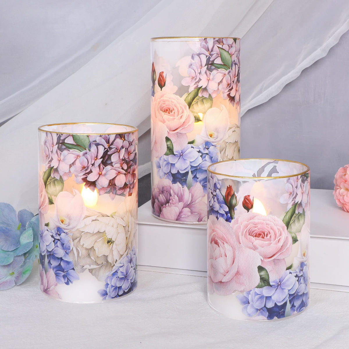 Silverstro Hydrangea Rose Flameless Candles With Remote Control & Timer Function - Real Wax Glass Battery Operated Candles - Hom