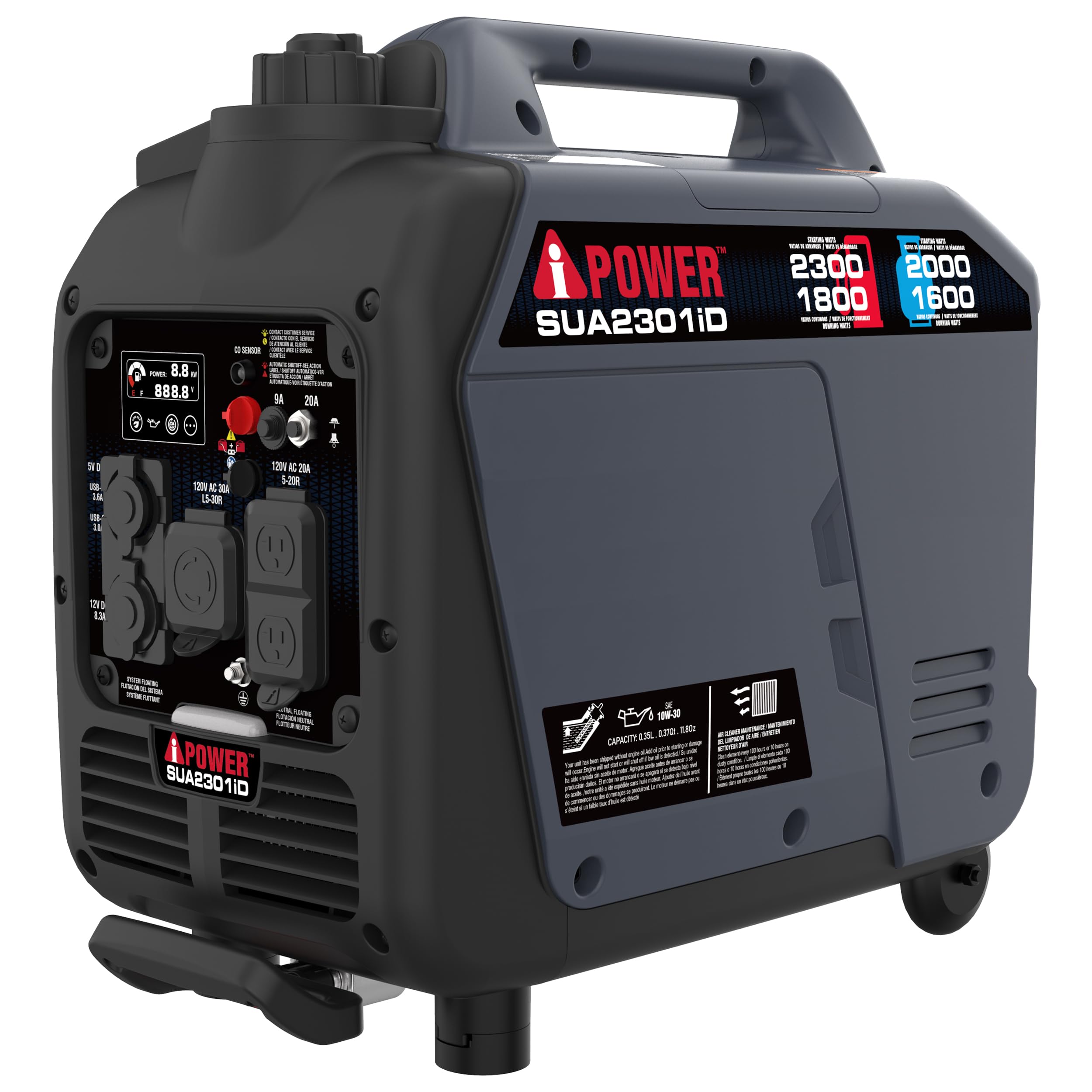 A Ipower Portable Inverter Generator Dual Fuel, 2300W Rv Ready, Epa & Carb Compliant Co Sensor, Light Weight With Telescopic Han