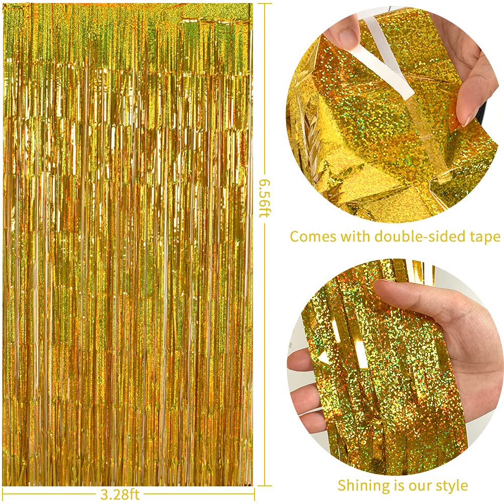 Toniful 3Pcs Laser Gold Door Streamers, Metallic Foil Fringe Curtains For Birthday, Christmas, New Year, Bachelorette, Graduatio