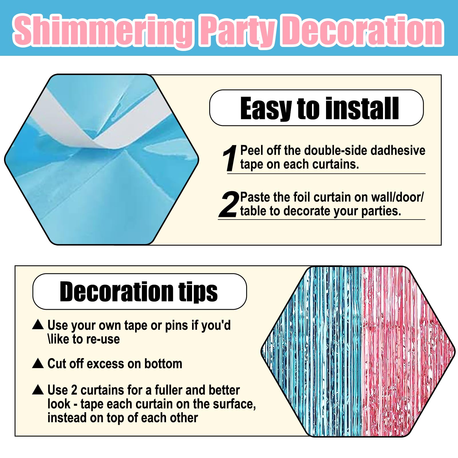 6 Pack Pink Blue Foil Fringe Curtain Backdrop, 3.28Ft X 6.6Ft Metallic Tinsel Foil Fringe Streamer Curtains For Photo Booth, Chr