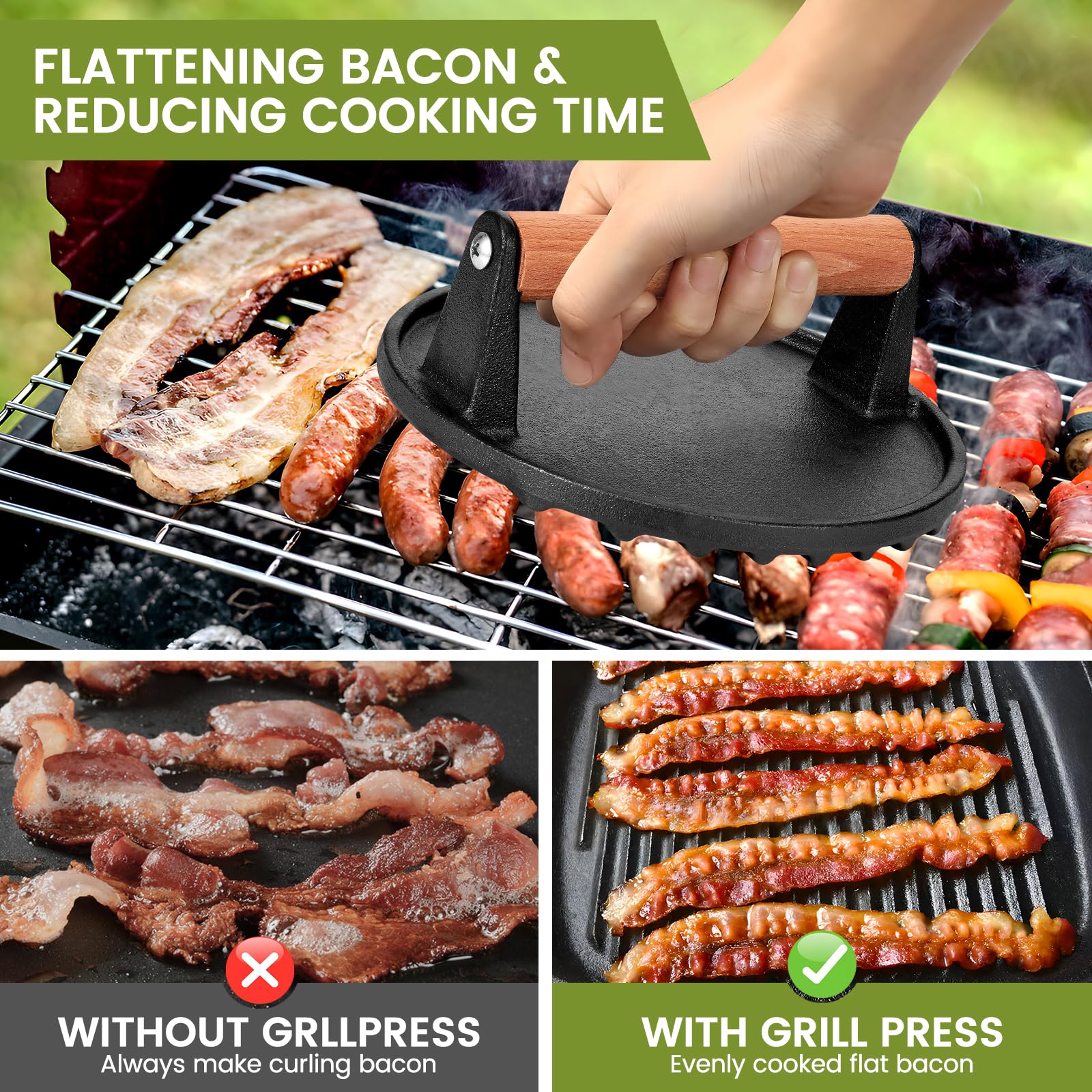 Blackstone Burger Press 7    Round Cast Iron Smash Bacon Press & 8.3   X4.3    Rectangle Cast Iron Grill Press With Wooden Handl