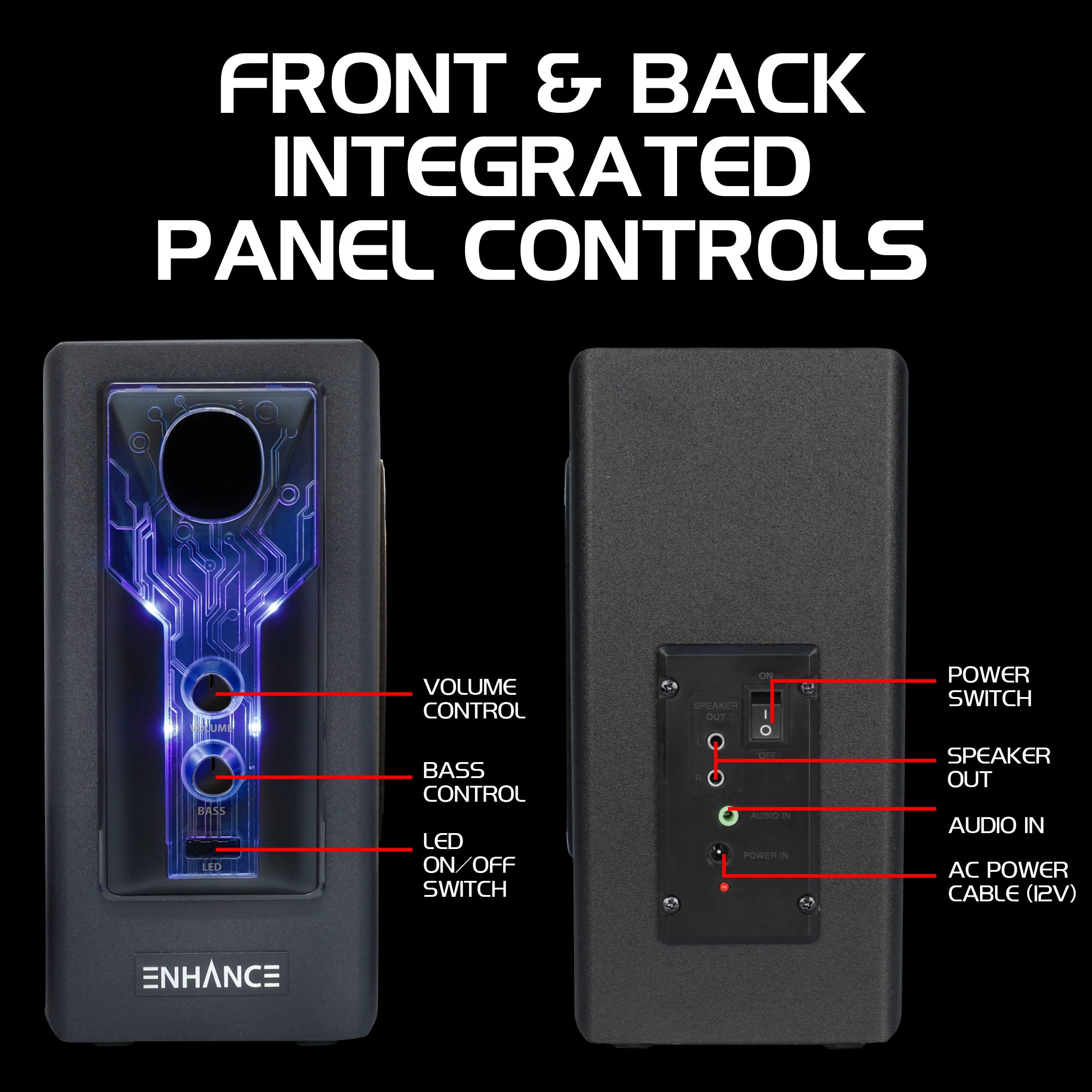 Enhance Sb 2.1 Computer Speakers With Subwoofer - Blue Led Gaming Speakers, Computer Speaker System, Ac Powered & 3.5Mm, Volume