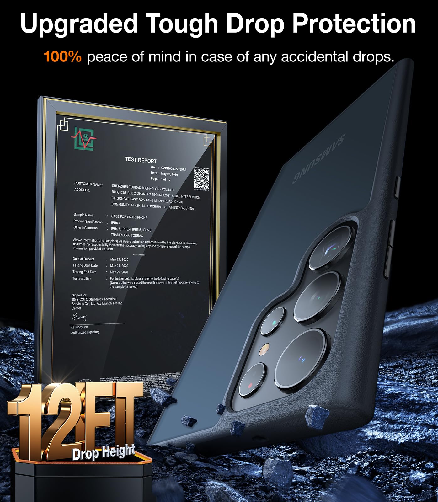 Torras Shockproof For Samsung Galaxy S24 Ultra Case 6.8'',12Ft Military Grade Drop Tested, Protective Hard Semi Clear Matte Back