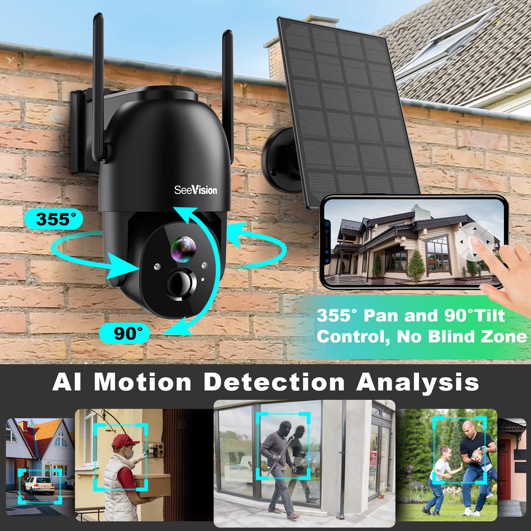 Solar Security Cameras Wireless Outdoor, 2K Battery Powered Ptz Wifi 3Mp Security Camera For Home With Spotlight, Pir Motion Det