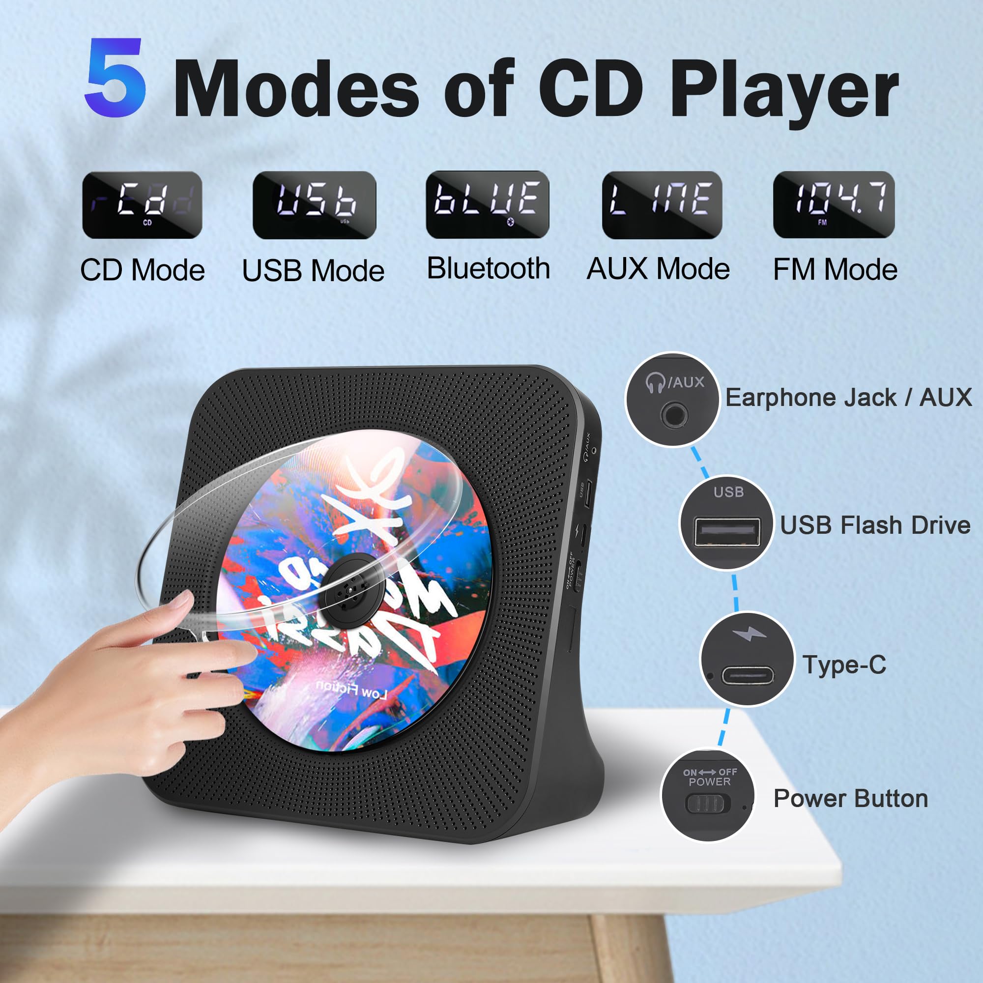 Todangai Cd Player Portable With 4000Mah Rechargeable Battery, Bluetooth Cd Player With Speakers For Home/Car, Radio Cd Players