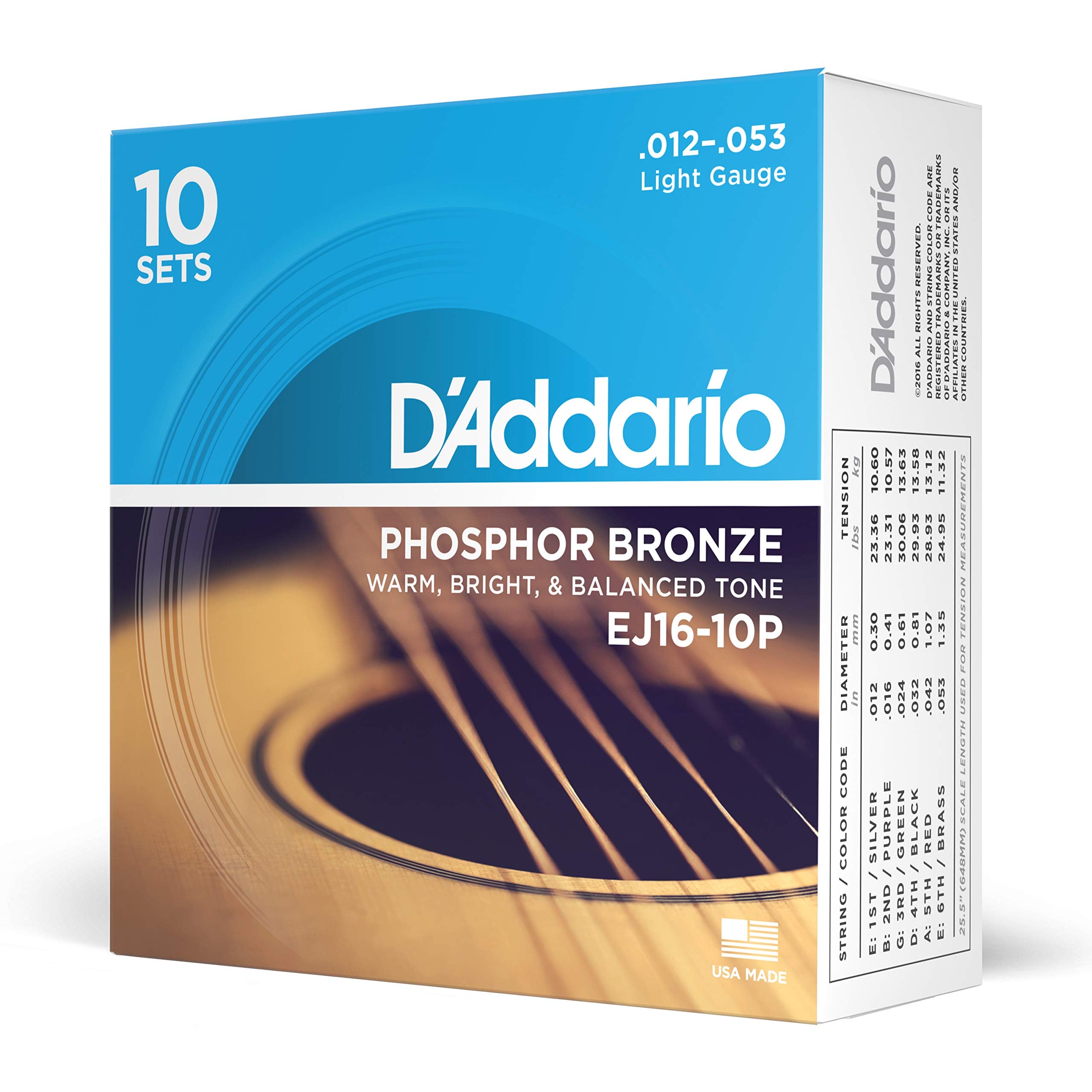 D'Addario Guitar Strings   Phosphor Bronze Acoustic Guitar Strings   Ej16 10P   Rich, Full Tonal Spectrum   For 6 String Guitars   12 53 Light, 10 Pack