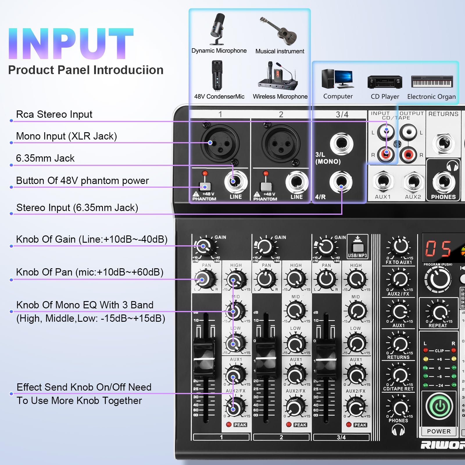 4 Channel Audio Interfacer Dj Mixer Sound Board 16 Bit Dsp Effect Usb Audio Mixer Effects +48V Phantom Bluetooth For Karaoke Stu