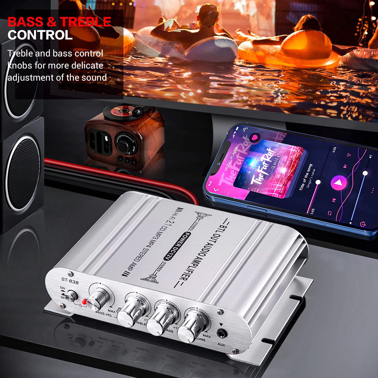 Facmogu St 838 2.1Ch Audio Power Amplifier, Rms 20Wx2+40W Class D Stereo Digital Audio Amp With Subwoofer Output, 80W Mini Subwoofer Amplifier Audio Stereo Bass Amp With Dc12V Power Adapter   Silver