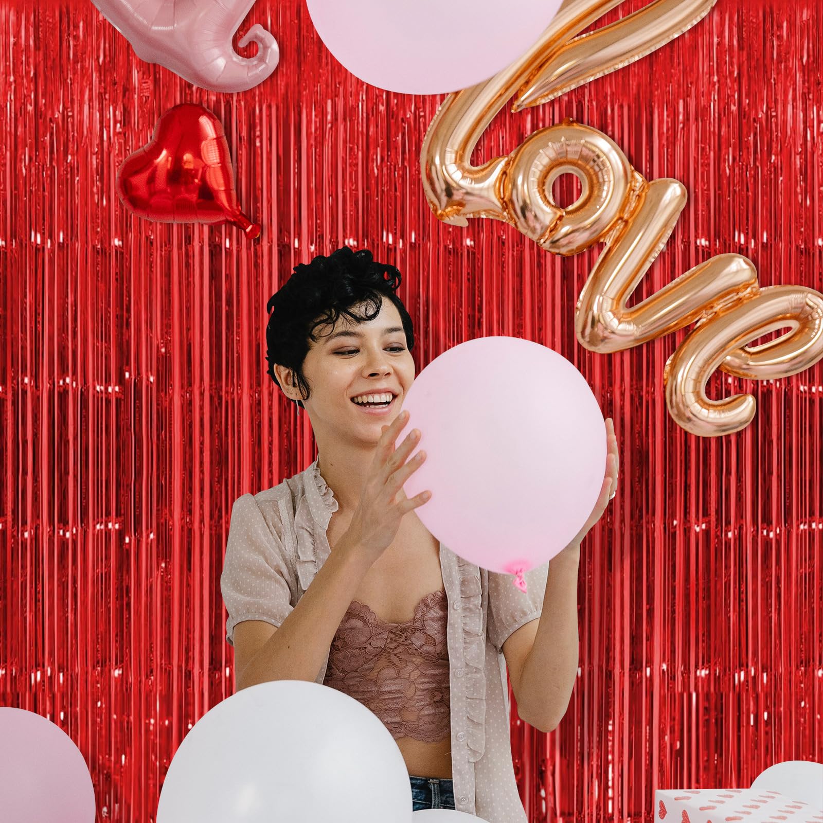 10 Pack Red Backdrop Curtain 3.2Ft X 8.2Ft Metallic Tinsel Foil Fringe Curtains Photo Booth Background For Birthday Party Decora