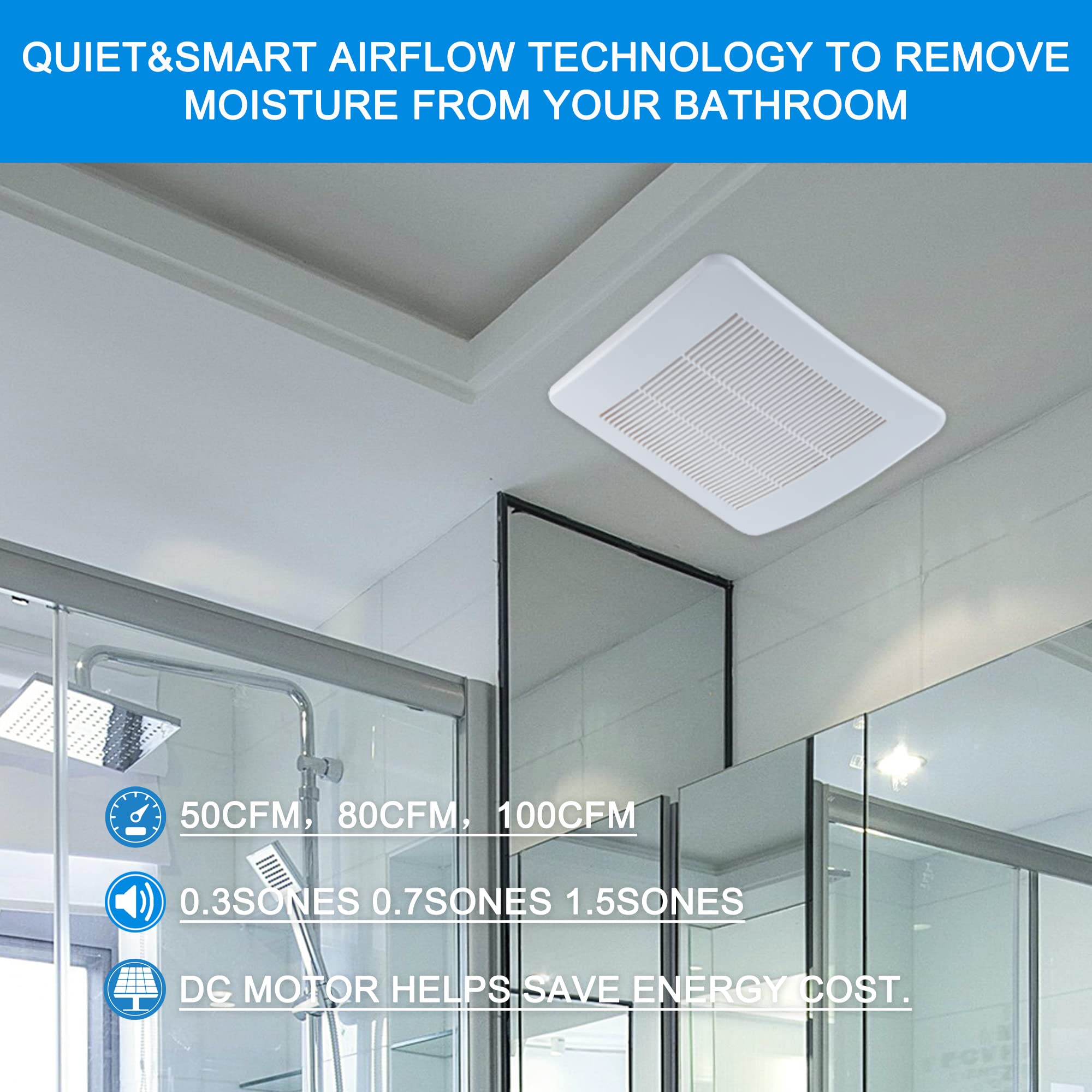 Tech Drive Bathroom Fan 50 80 100 Cfm Dc Energy Saving Motor,Very Quiet Ventilation And Exhaust Fan, Ceiling Or Wall Mounted Fan