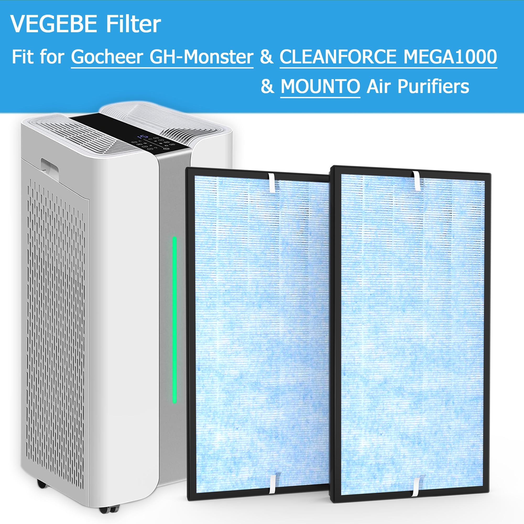Vegebe 2 Pcs Filter Replacement Fit For Gocheer Gh Monster & Cleanforce Mega1000 & Mounto Extra Large Air Purifier, 3 In 1 Filte