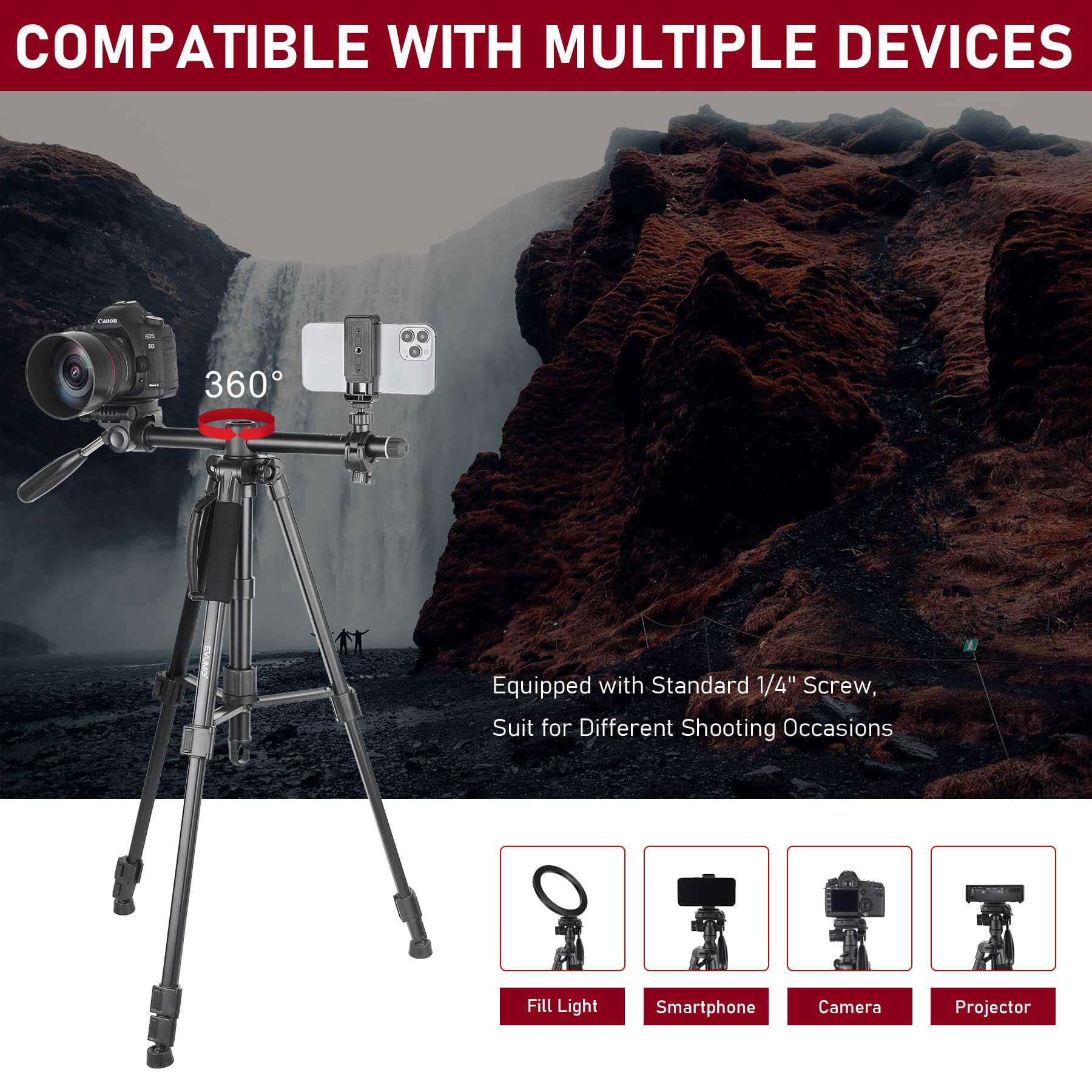 Evumo Hf3 Horizontal Tripod For Camera And Iphone, 65 Overhead Camera Tripod & Monopod 2In1 With Remote And Phone Mount, 360 R