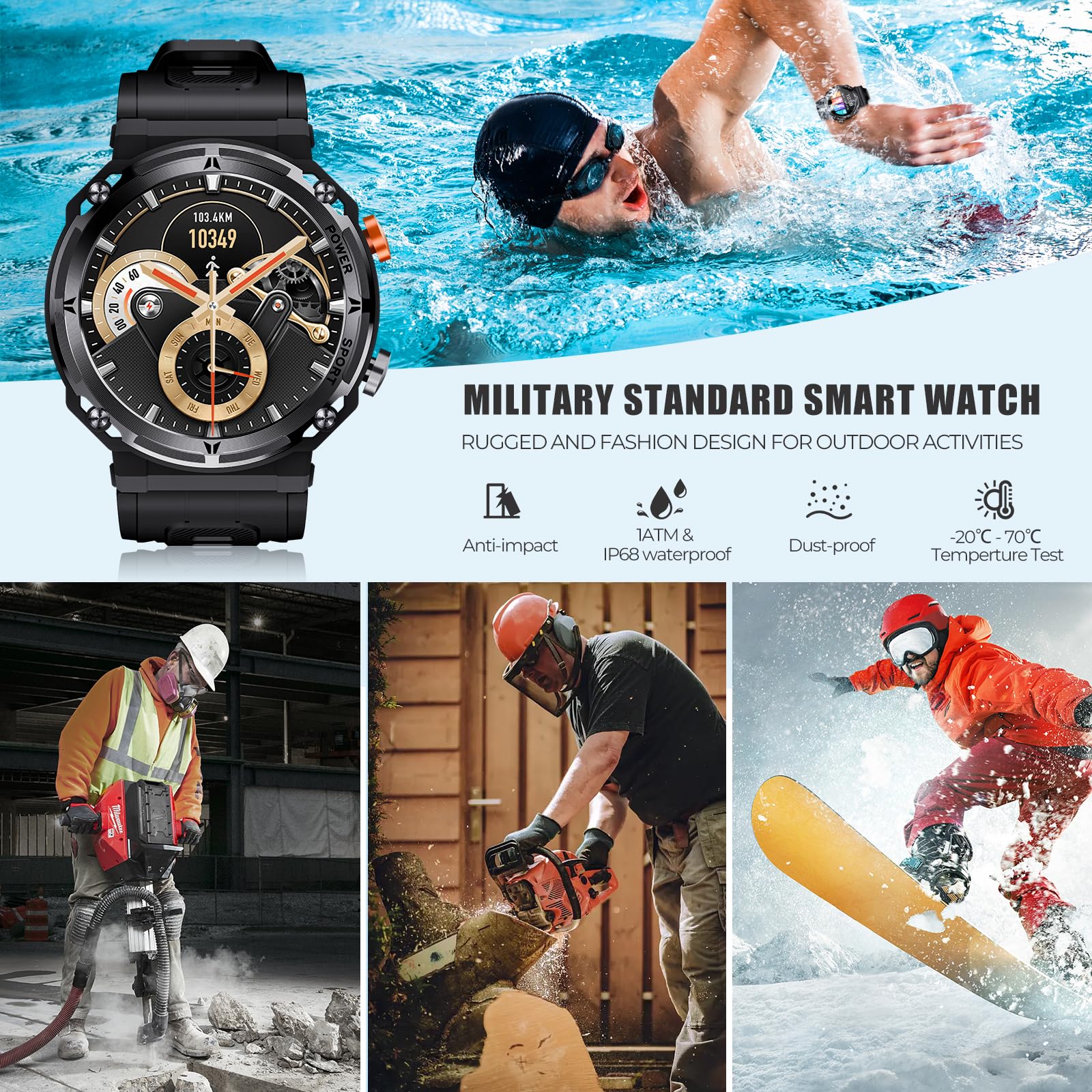 Viran Military Smart Watches For Men, 5Atm Waterproof Rugged Smart Watch With Bluetooth Call (Answer/Dial Call), Outdoor Fitness