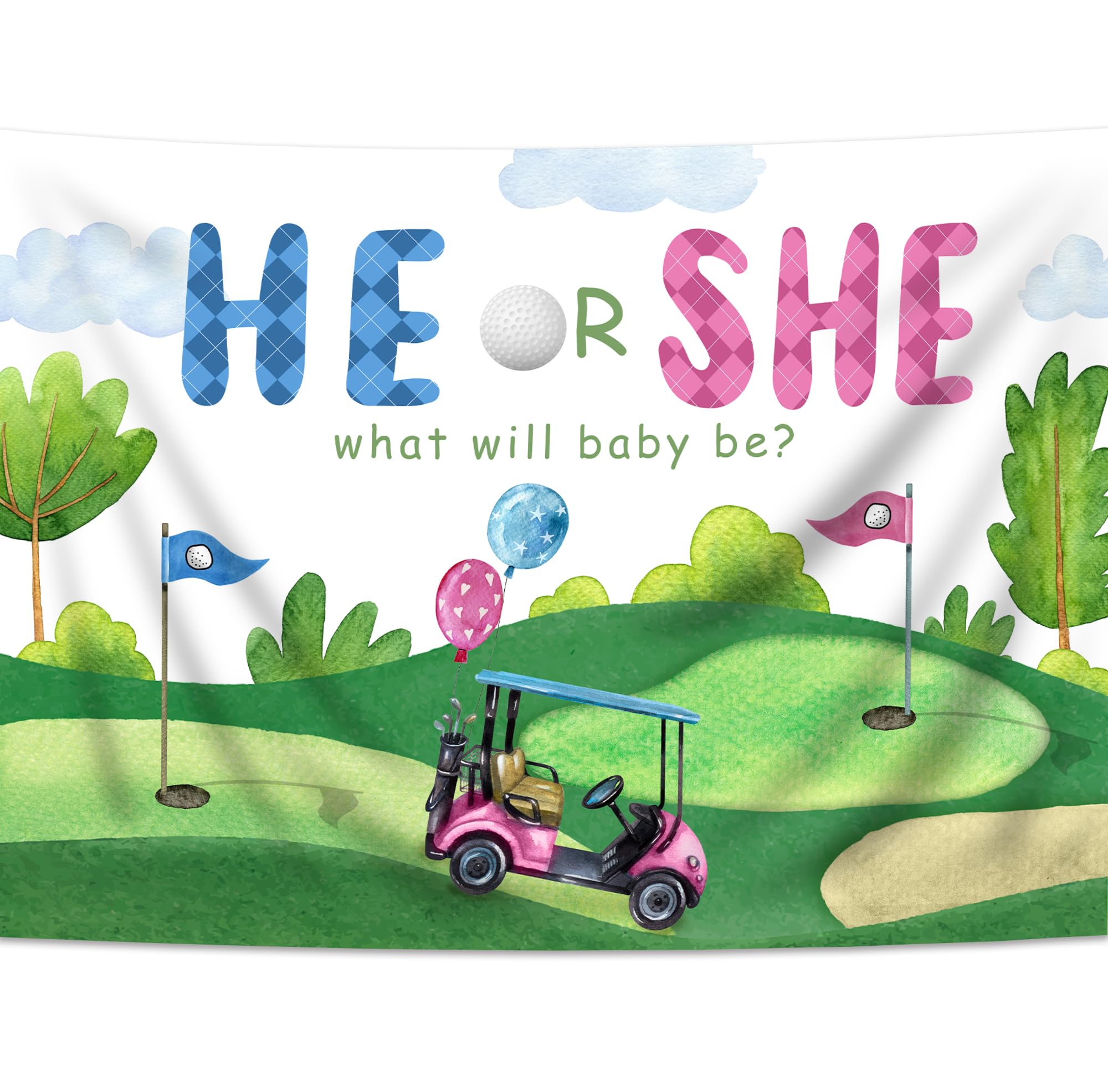 Svbright Golf Gender Reveal Backdrop 7Wx5H He Or She Baby Shower What Will Baby Be Cartoon Sports Watercolor Blue Sky White Clou
