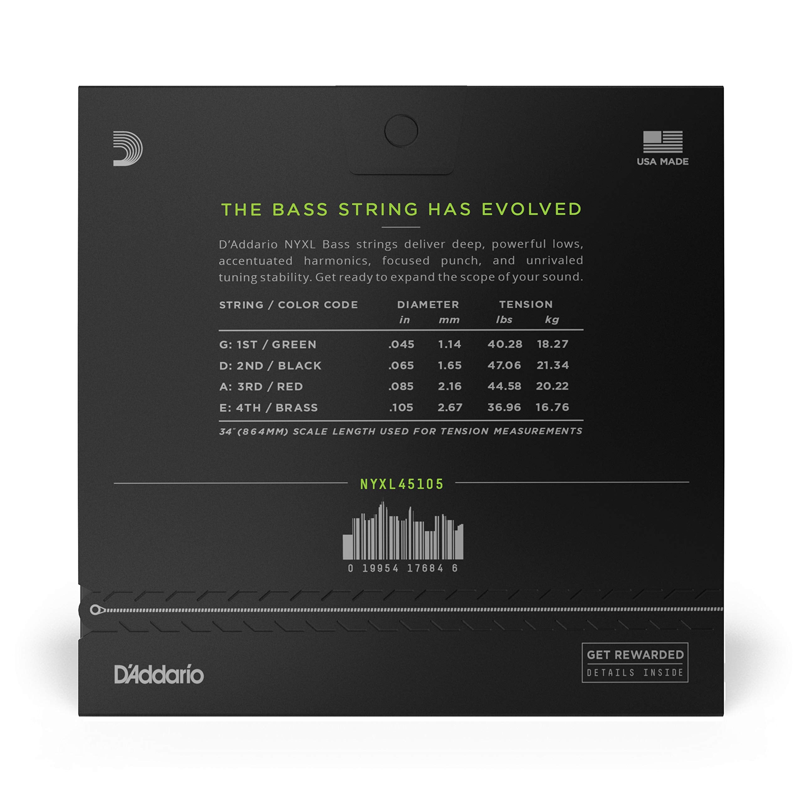 D'Addario Bass Guitar Strings   Nyxl Bass Strings   Nyxl45105   Unrivaled Strength, Tuning Stability, Enhanced Response   For 4