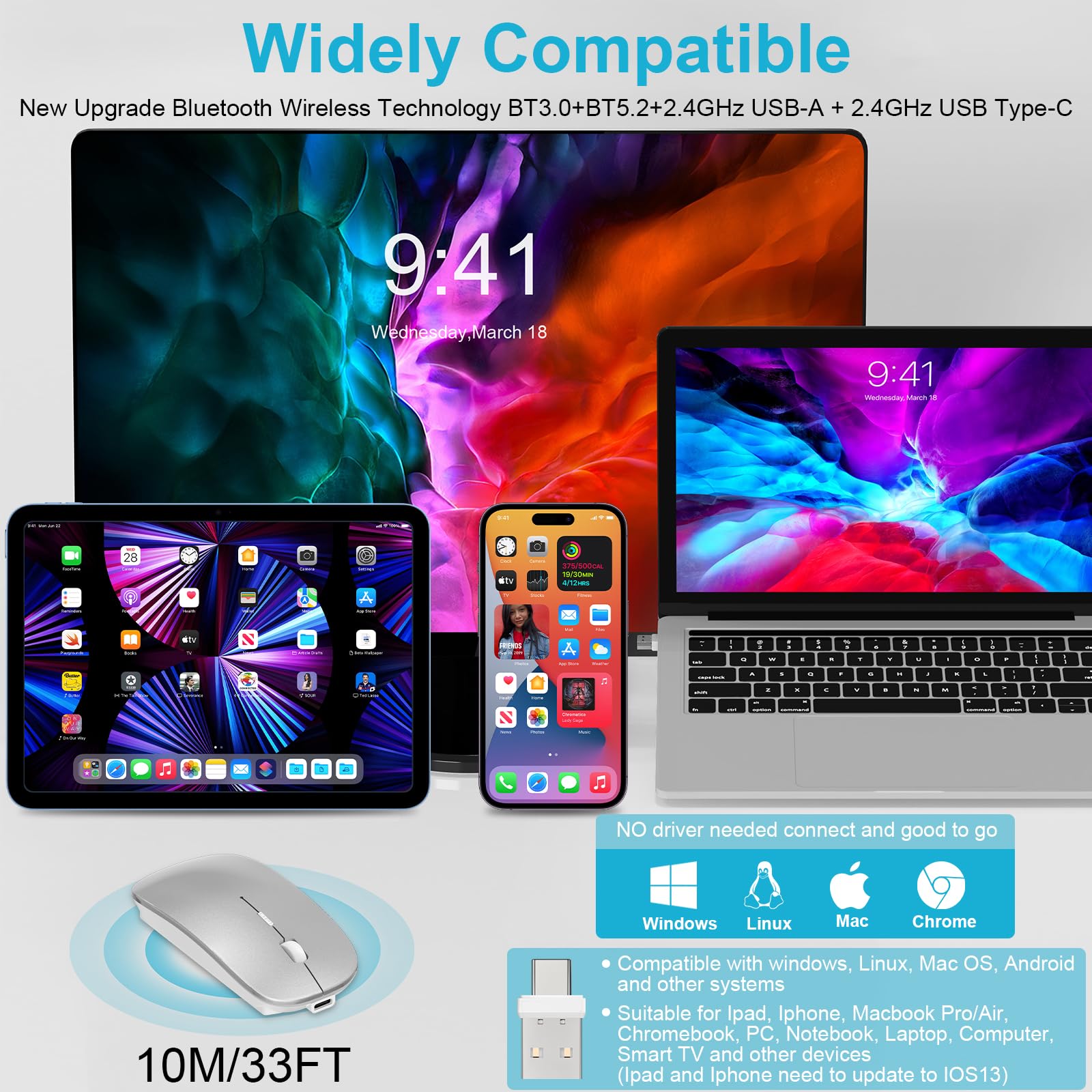 Bluetooth Wireless Mouse For Macbook Air Mac Pro Laptop Computer Ipad Pad Pc Optical Rechargeable Silent Mouse With Dual Mode Sw