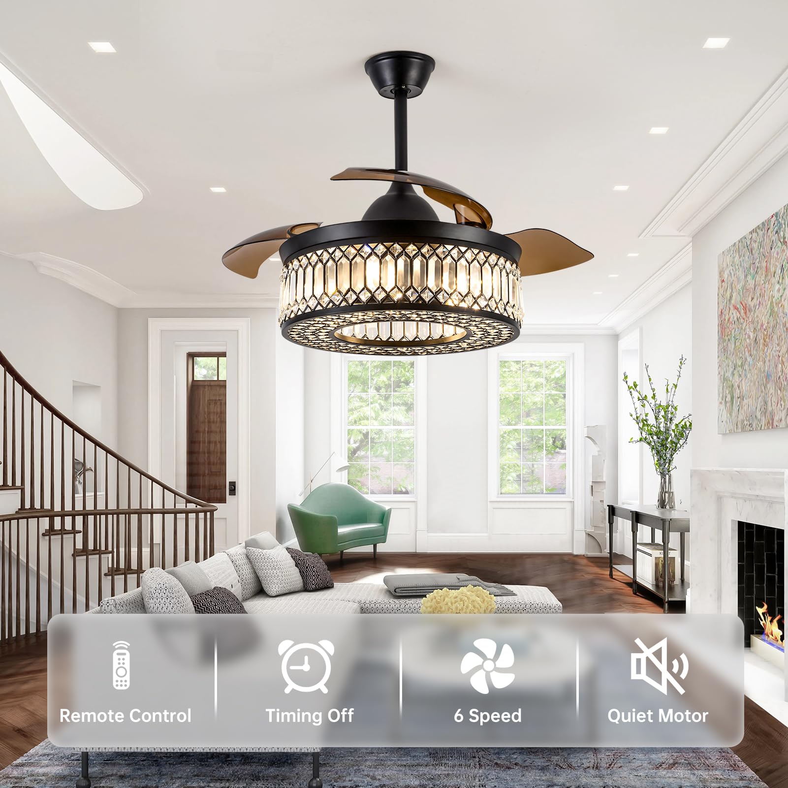 42 Inch Retractable Ceiling Fans With Lights And Remote, Modern Industrial Black Fandelier With 3 Retractable Abs Blades, Invisi