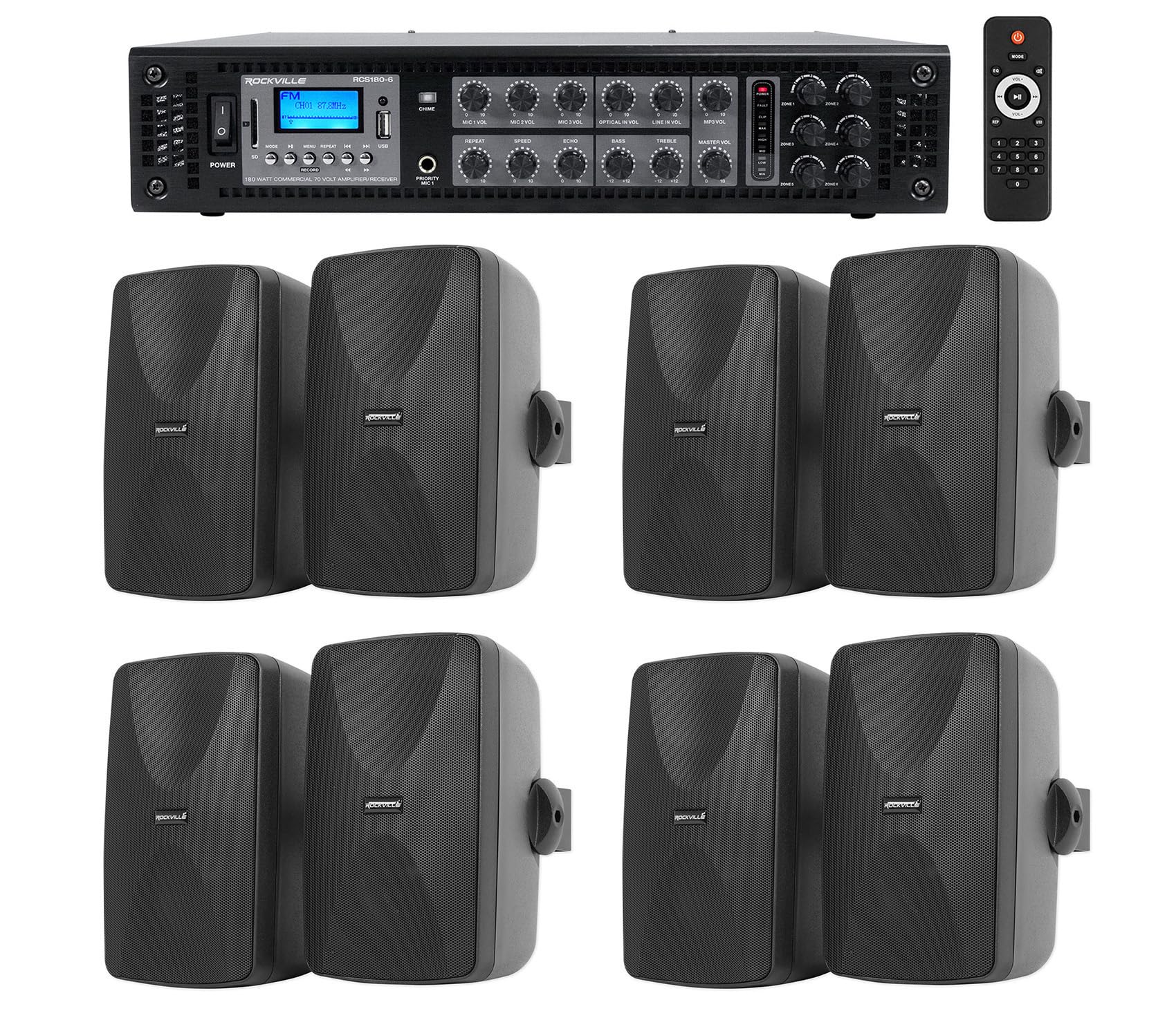 Rockville WET-7020B Bundle: (4) Pairs 5.25-in 70V Indoor/Outdoor Wall Speakers, RCS180-6 180-Watt 6-Zone 70V Commercial Amplifie