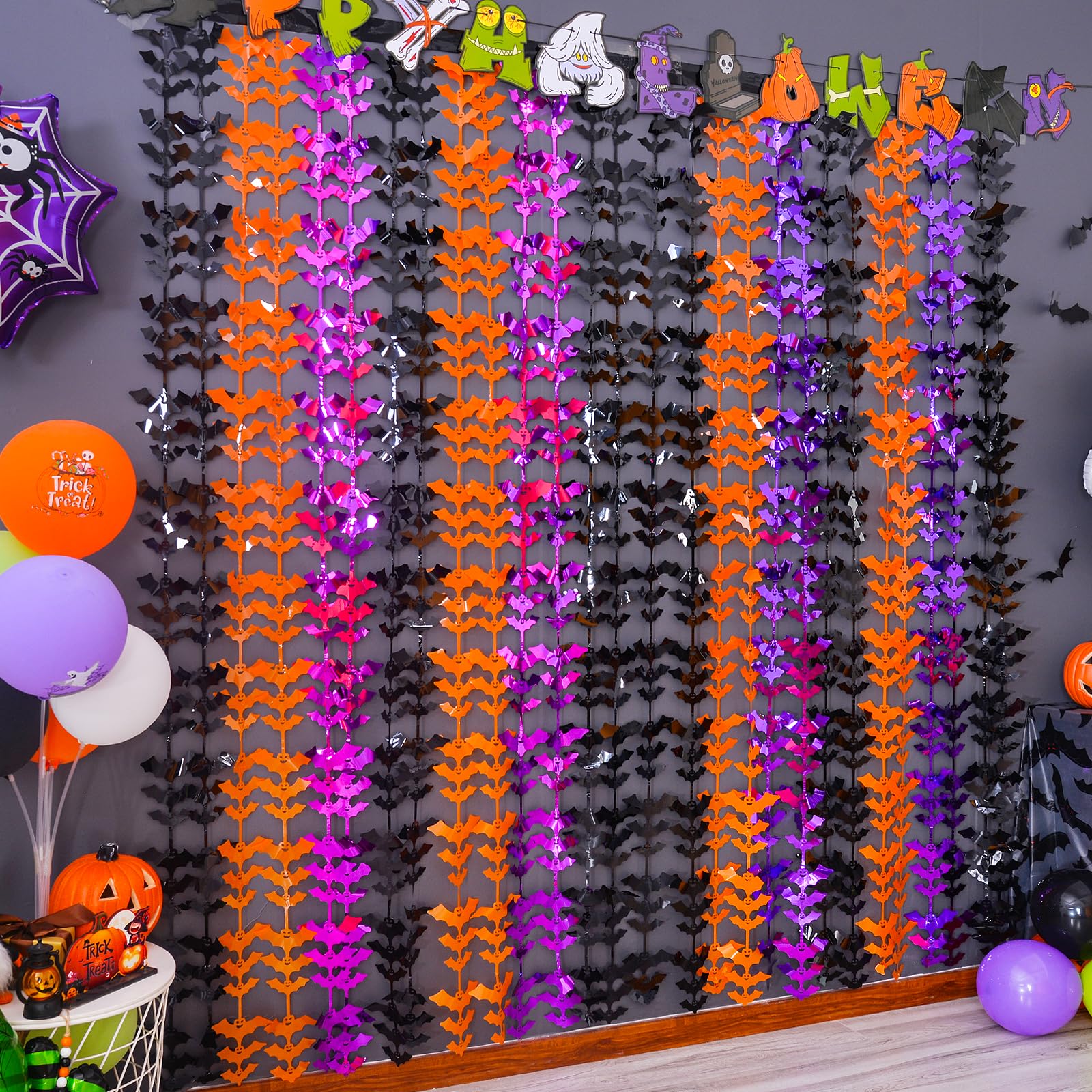 Lolstar Halloween Party Decoration, 2 Pack Black Orange And Purple Bat Photo Booth Props, 3.3 X 6.6 Ft Halloween Foil Fringe Cur