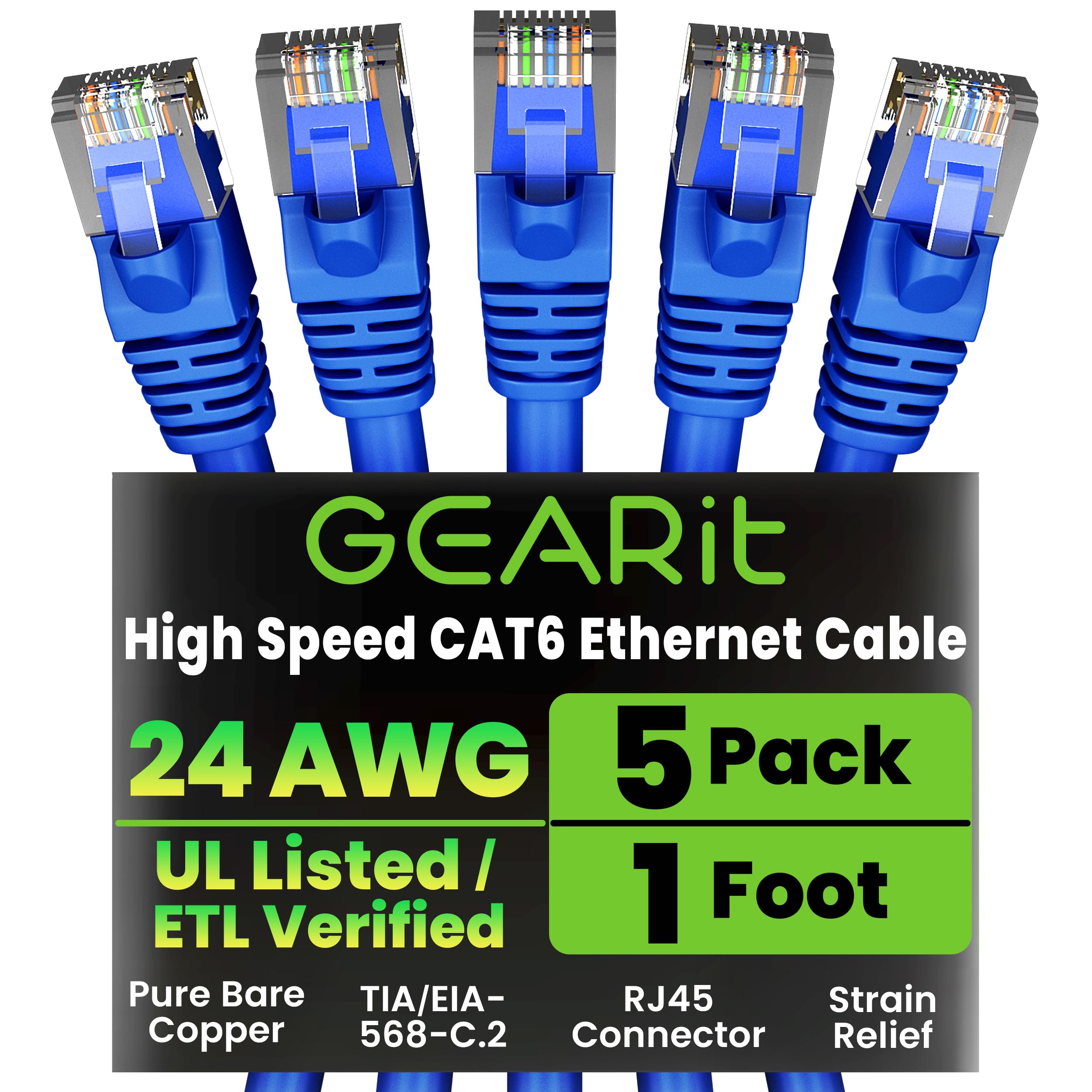 GEARit Cat 6 Ethernet Patch Cable 1 ft Blue (5 Pack) - Cat6 Patch Cables 1ft Blue/Ethernet Patch Cable, 10Gbps 550MHz 24AWG Pure
